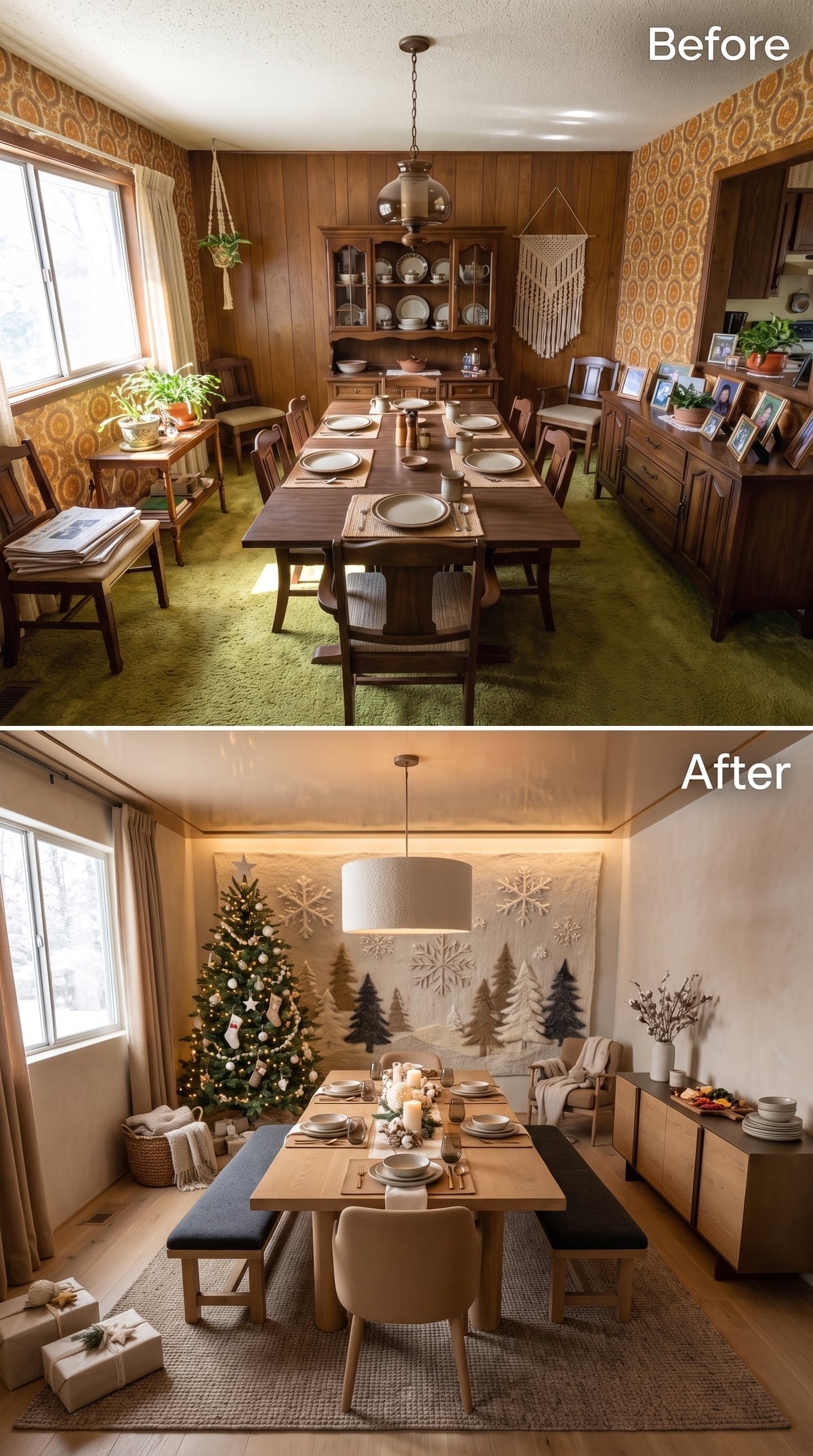 Linen Drum Pendant, Snowflake Relief Wall, and a Christmas Tree Earning Its Corner