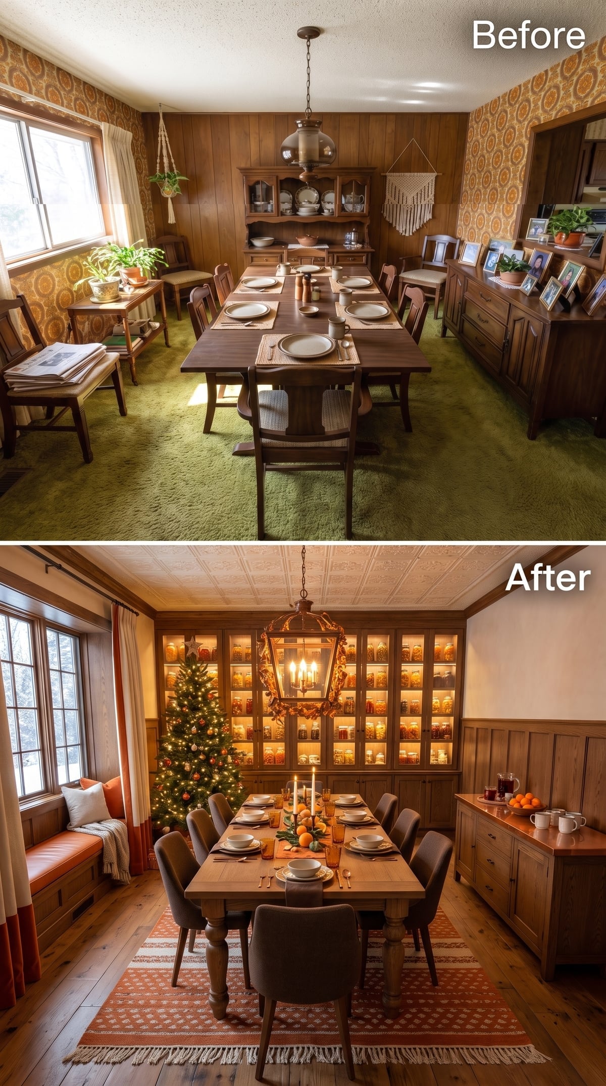 Lit Display Cabinets, a Lantern Chandelier, and Hardwood That Finally Replaced the Shag