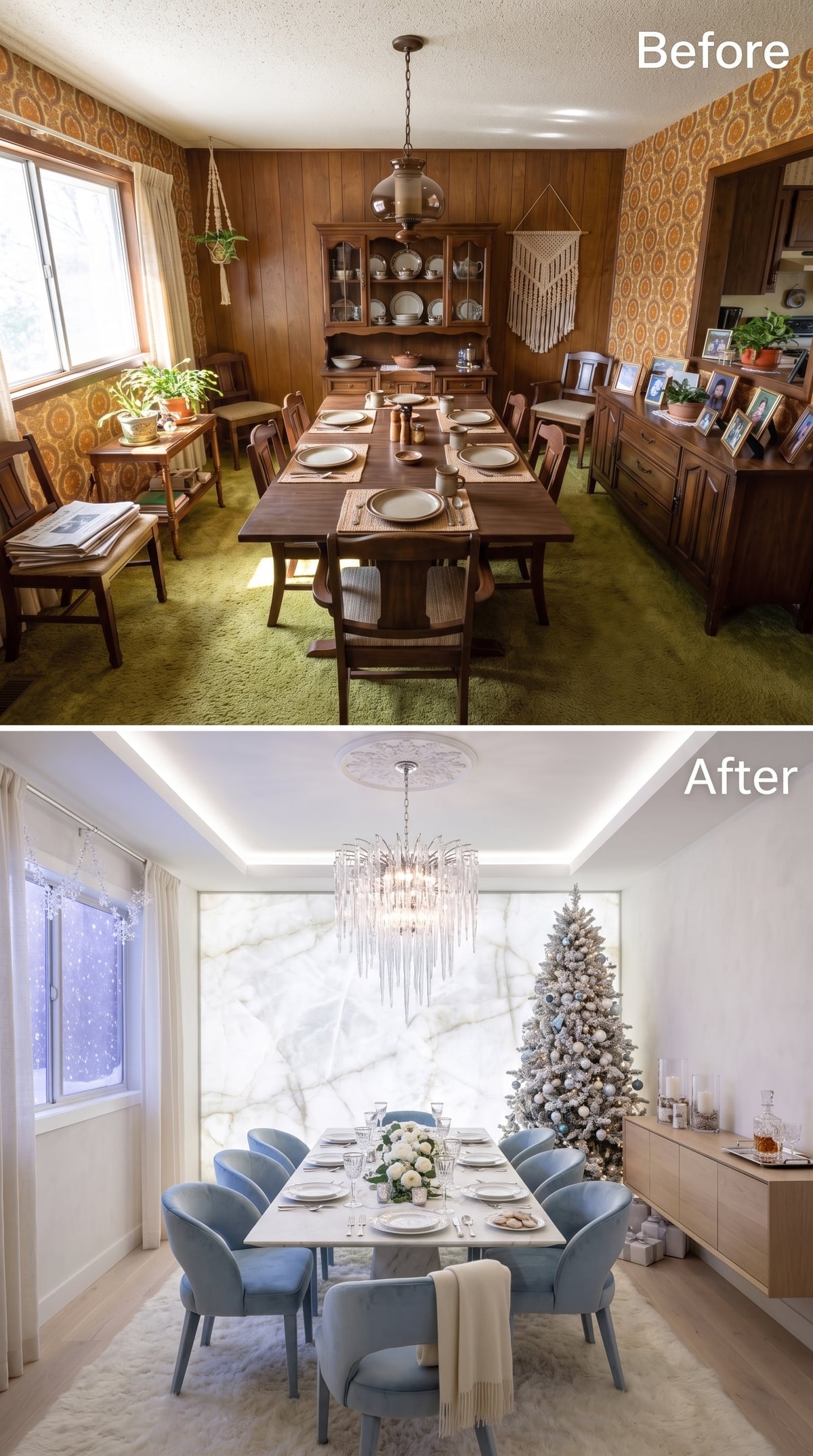 Marble Feature Wall, Icicle Chandelier, and Blue Velvet That Keeps Winter Inside