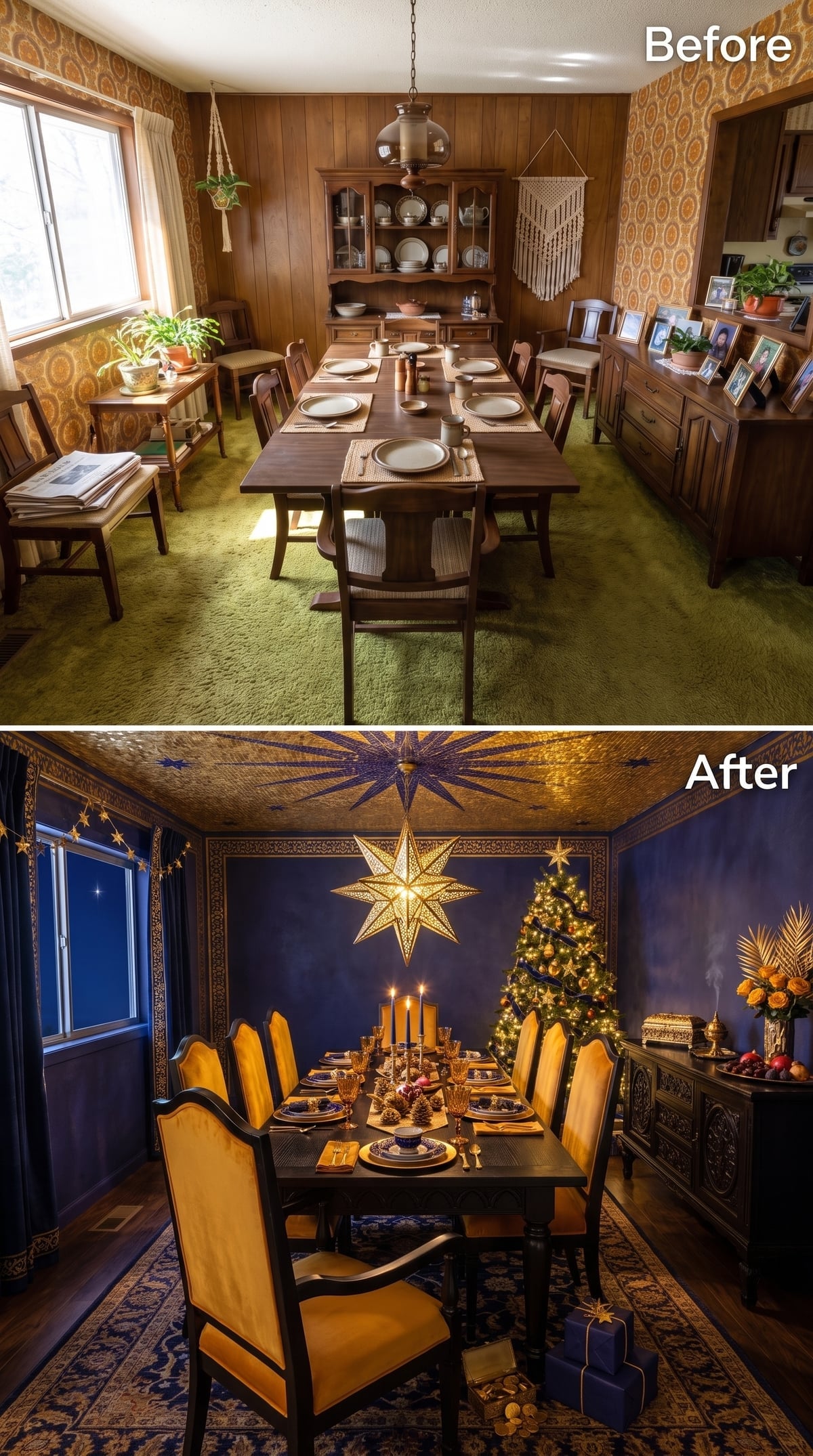 Midnight Blue Walls, a Moravian Star Pendant, and Candlelight Doing the Heavy Lifting