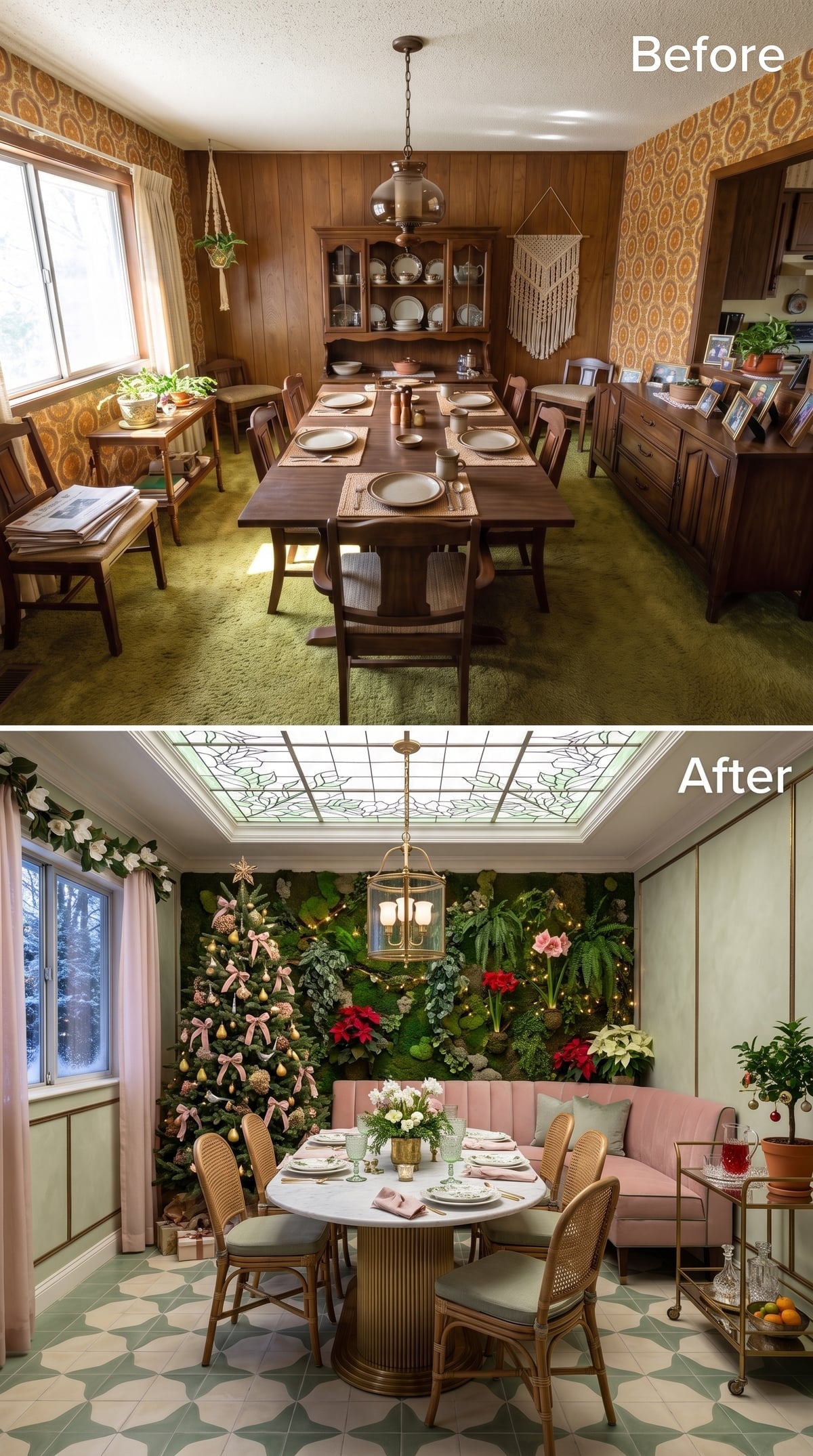 Moss Walls, Marble Tables, and Pink Velvet on Christmas Eve