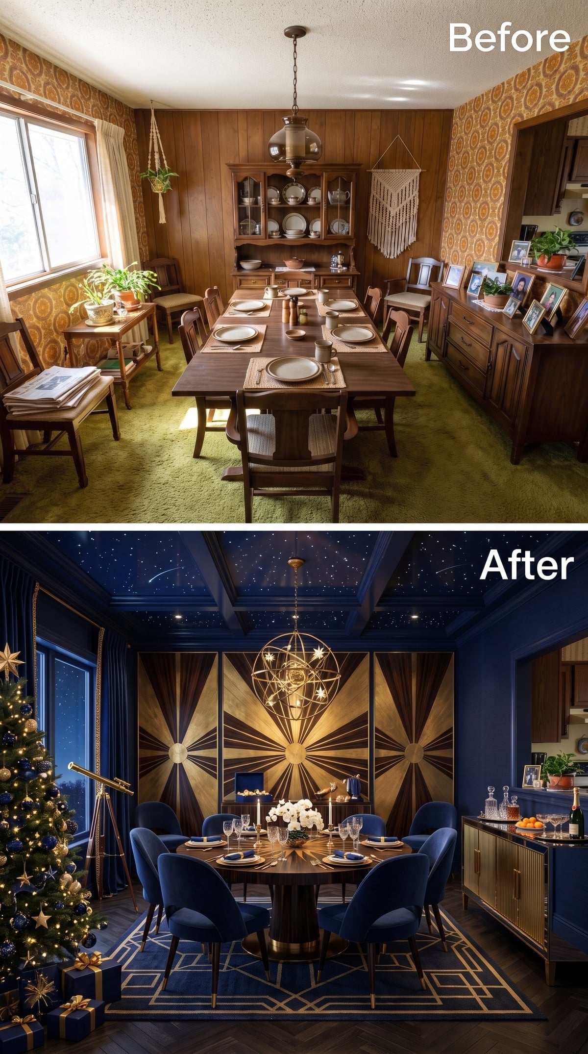 Navy Velvet, an Orrery Chandelier, and a Star-Mapped Ceiling Above It All