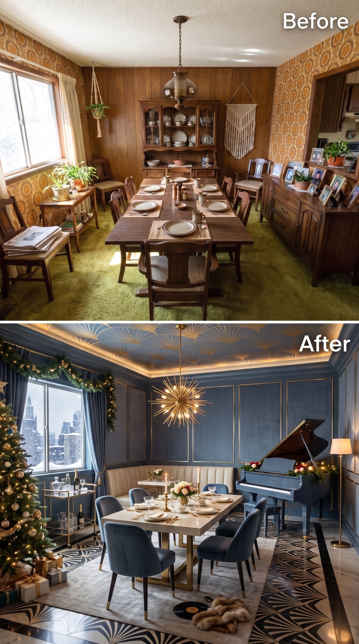 Navy Walls, a Sputnik Chandelier, and Art Deco Ceiling Paper That Steals the Room