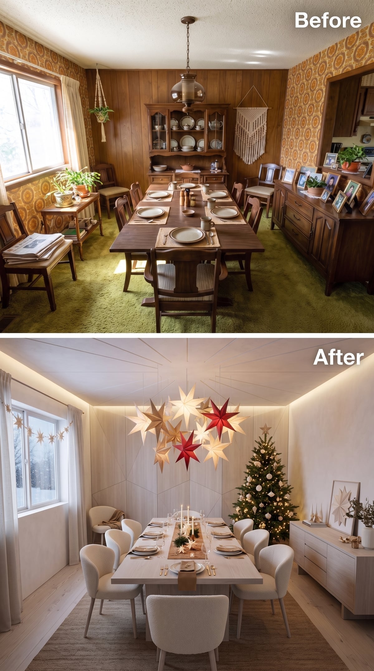 Paper Star Pendants, Cove Lighting, and a Christmas Tree Tucked Perfectly Into the Corner