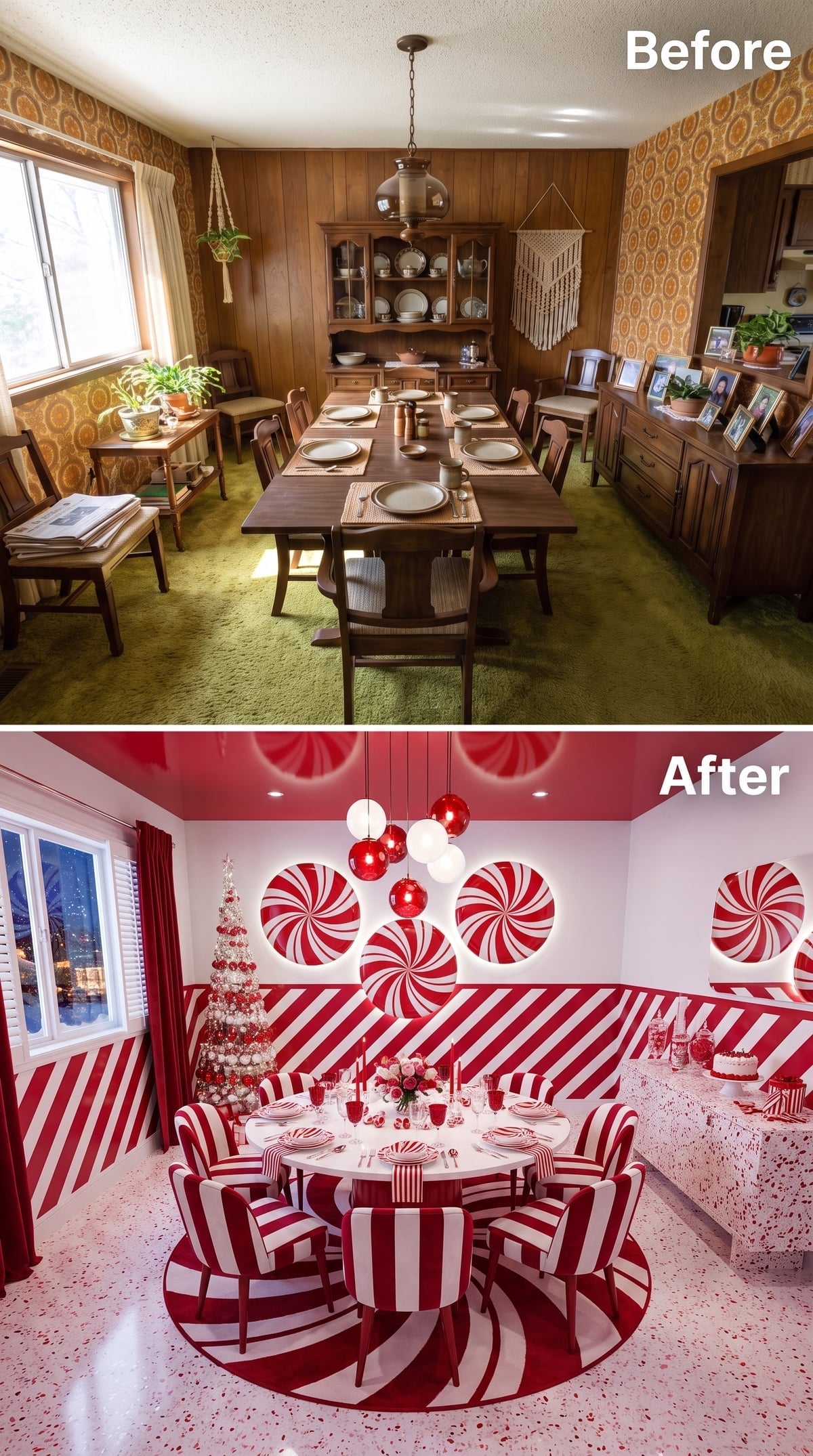 Peppermint Stripe Walls, Candy Pendant Cluster, and a Ceiling That Commits Completely