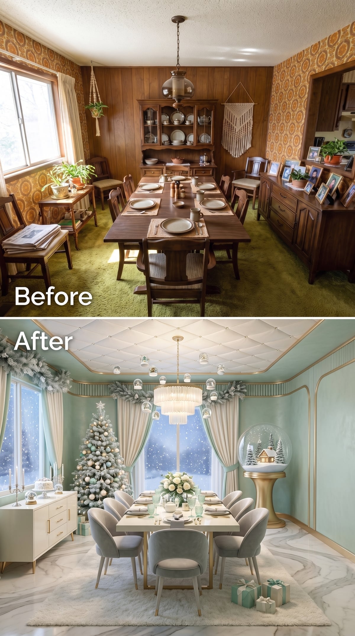 Snow Globe Fantasy, Sage Walls, and a Ceiling That Belongs in a Hotel Ballroom