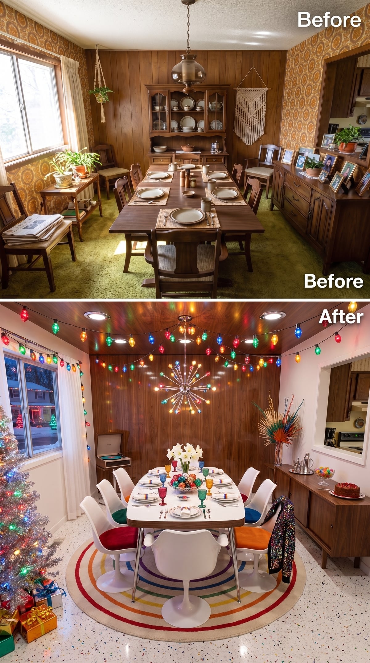 Sputnik Chandelier, Terrazzo Floors, and Colorful Bulbs Strung Ear to Ear