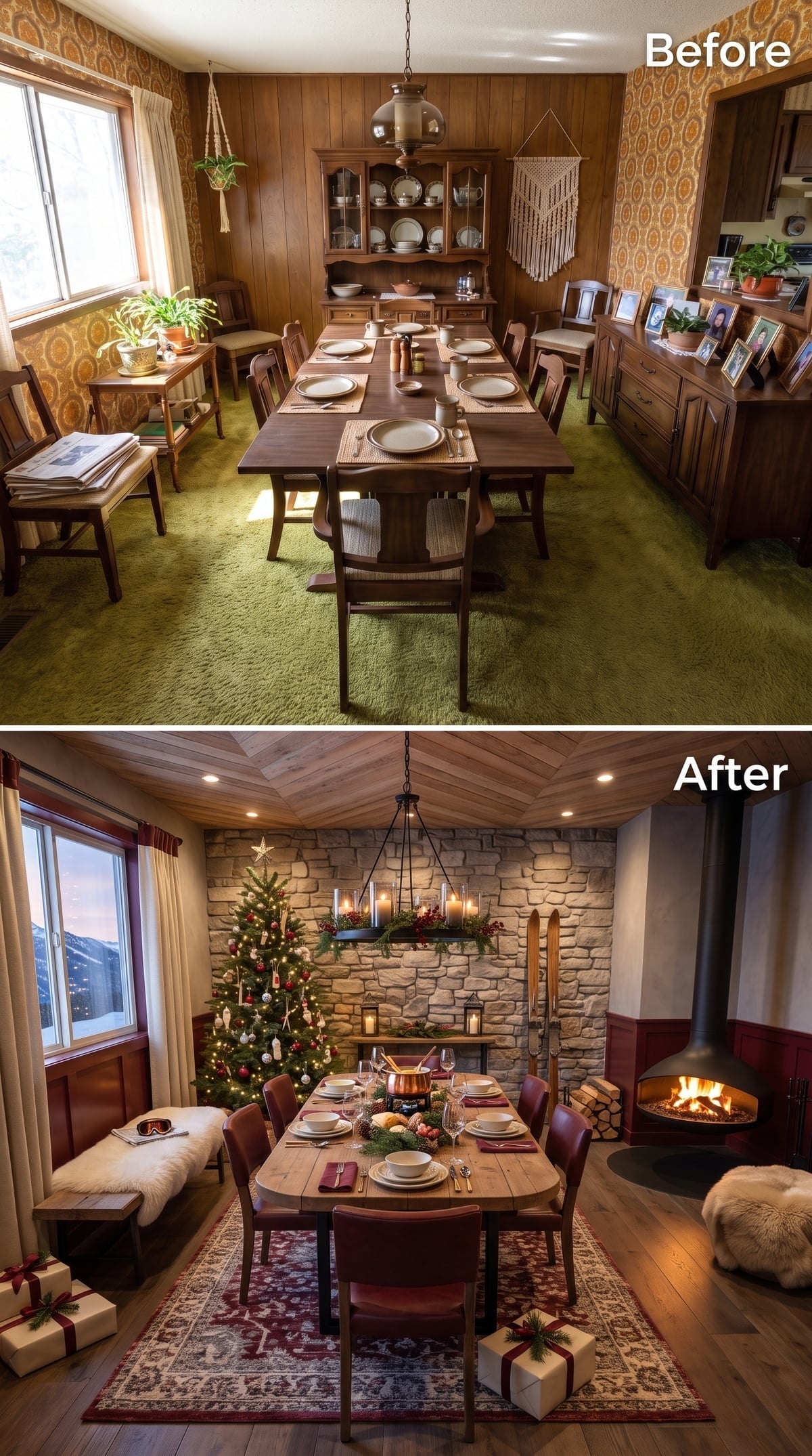 Stone Fireplace Wall, Wood-Plank Ceiling, and a Pendant That Earned Its Chain