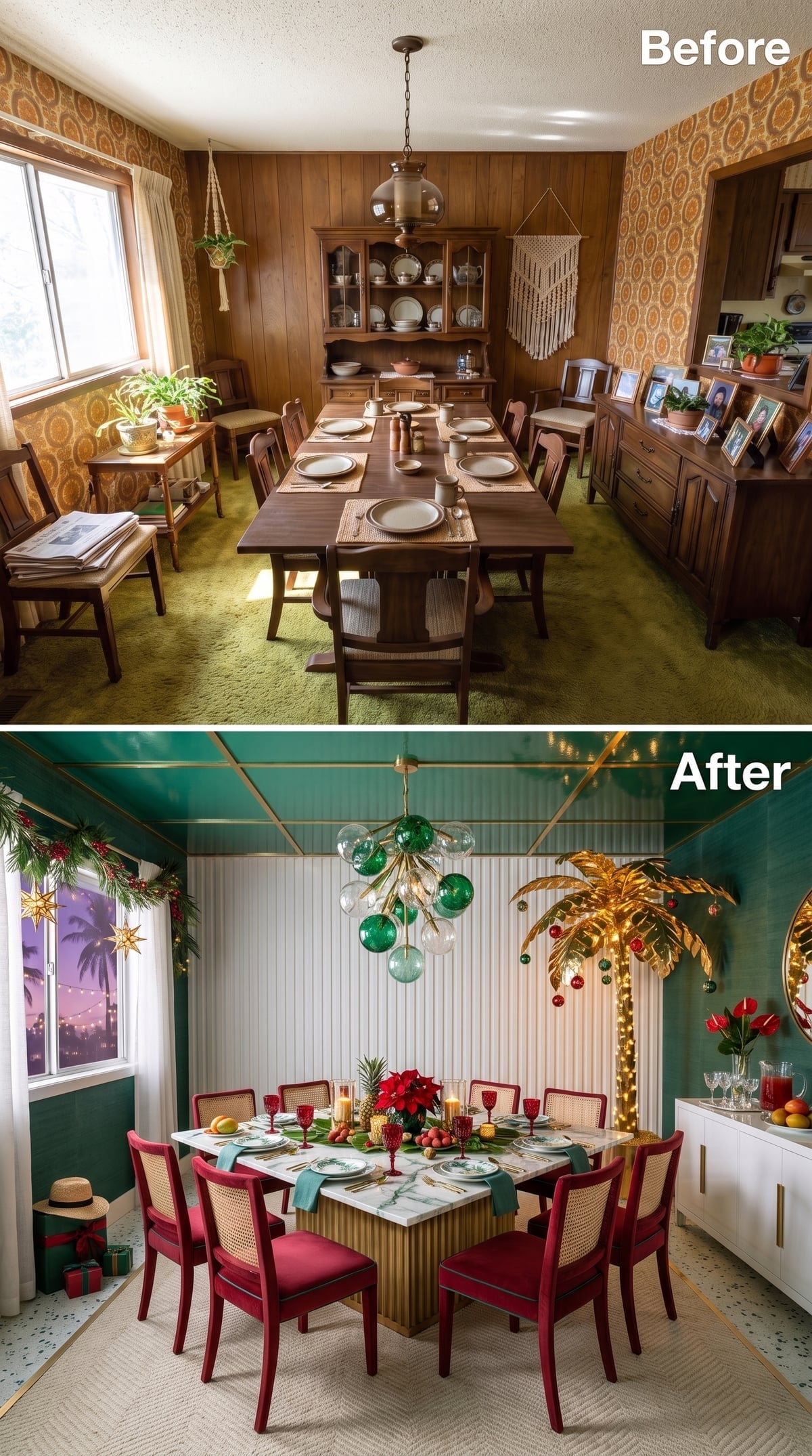 Teal Walls, Cane Chairs, and a Gold Palm Tree That Somehow Works