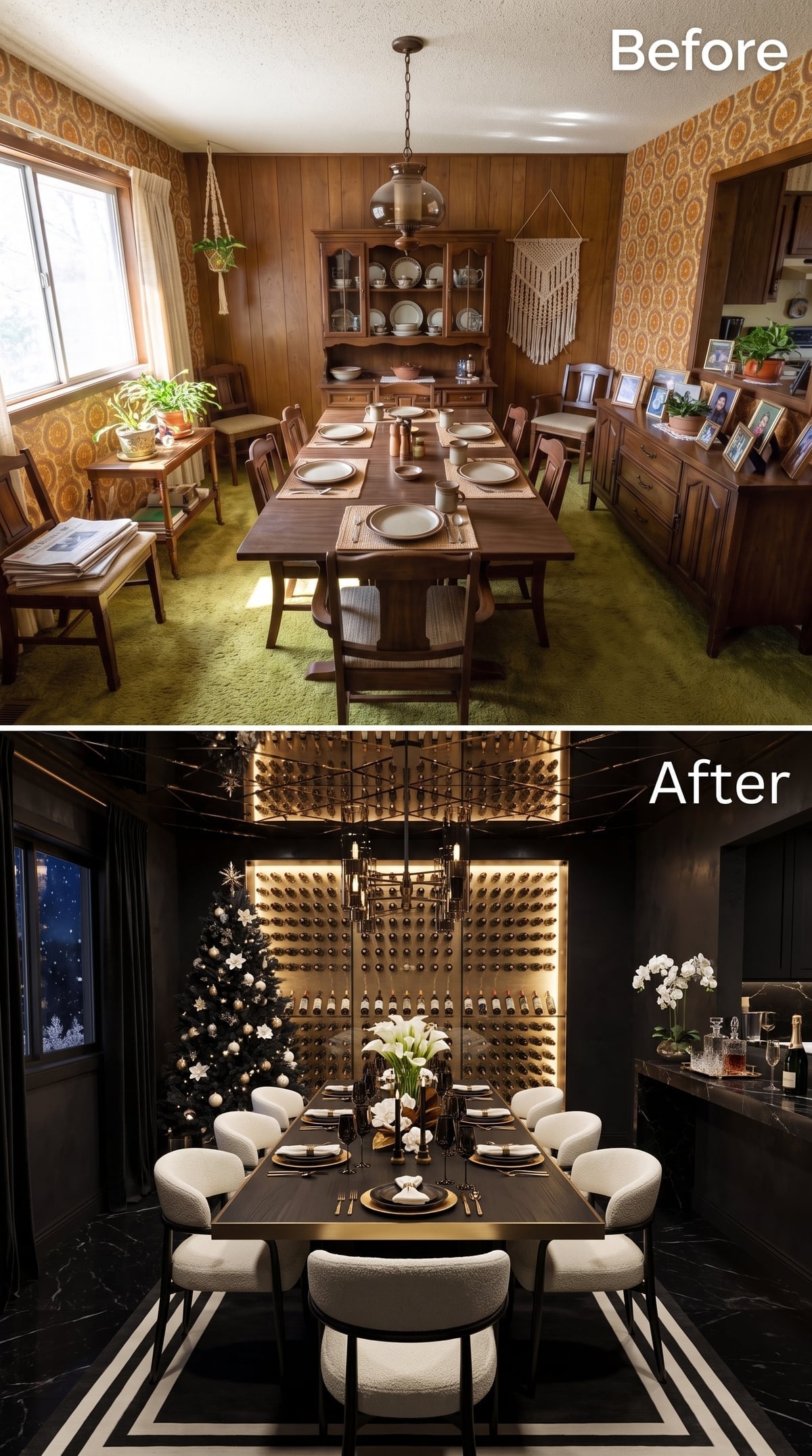 Wine Wall Backdrop, Bouclé Chairs, and a Chandelier Worth the Whole Renovation