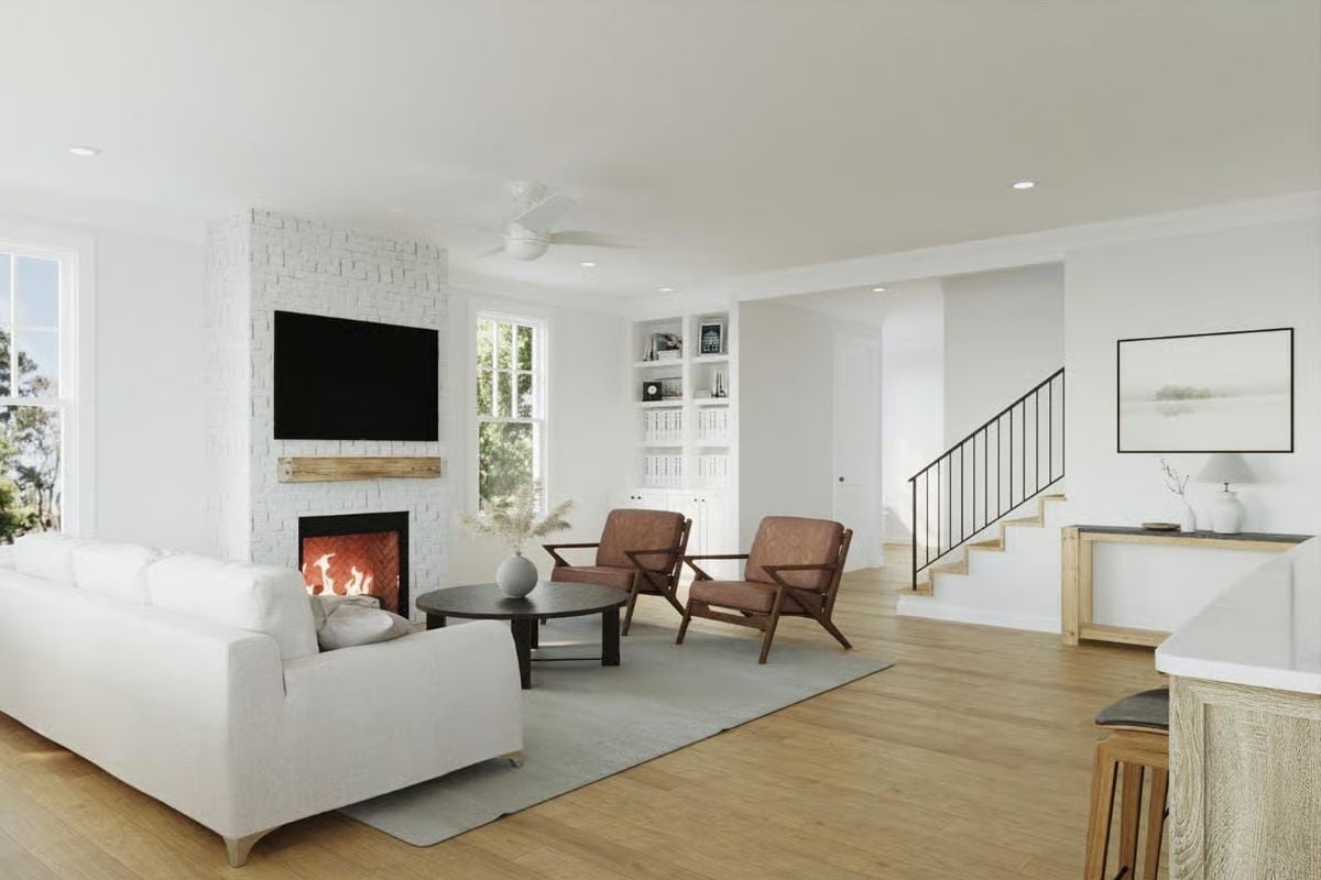 Whitewashed Brick, Open Flames, and Chairs That Mean Business