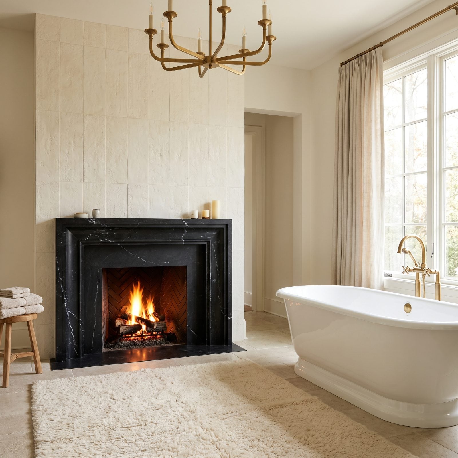 Cream Bathroom With a Black Fireplace Surround