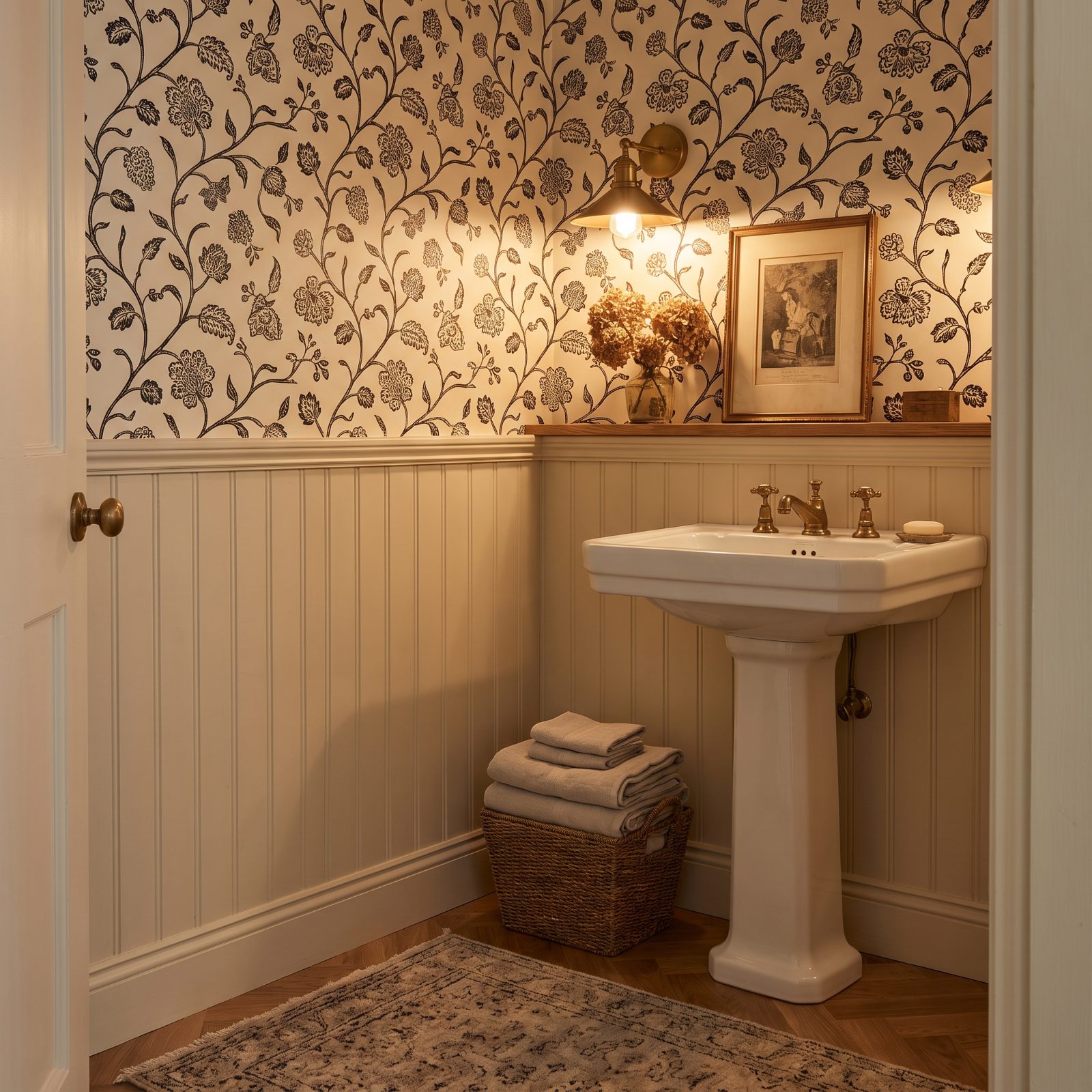 Cream Beadboard Powder Room With Black Botanical Wallpaper