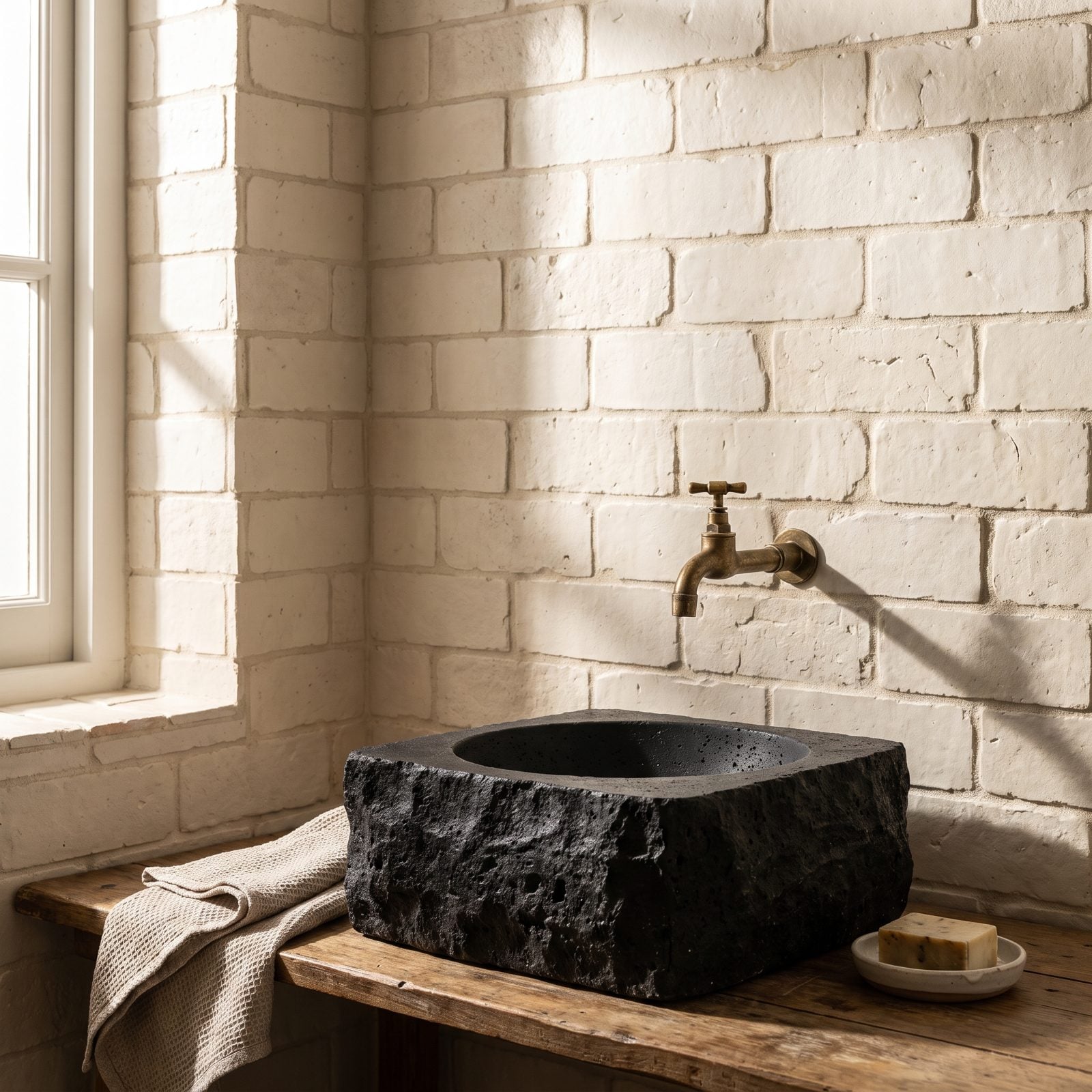 Cream Brick Tile With a Black Concrete Basin