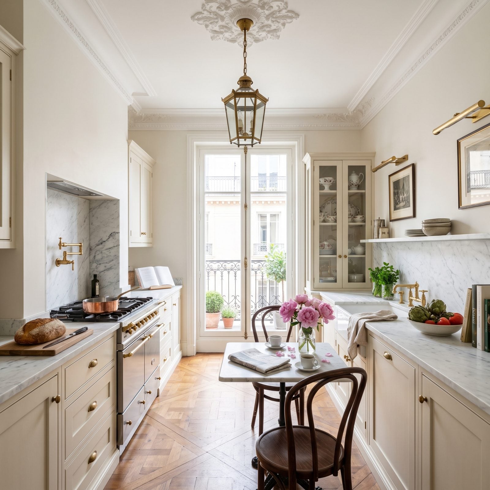 Cream Cabinetry Above a Walnut Parquet Floor