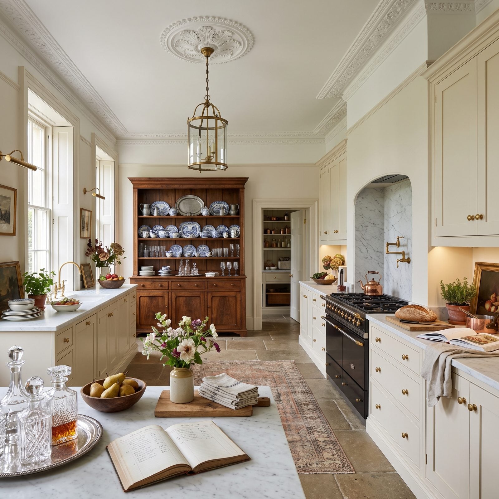 Cream Cabinetry With Cornicing and a Walnut Dresser