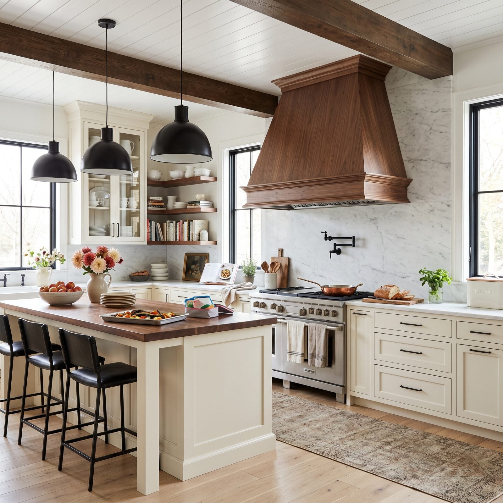 Cream Cabinets and a Walnut Hood Against Black Windows