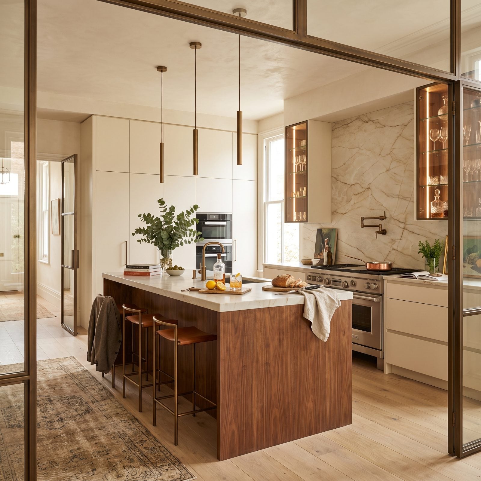 Cream Cabinets Behind Bronze-Framed Glass