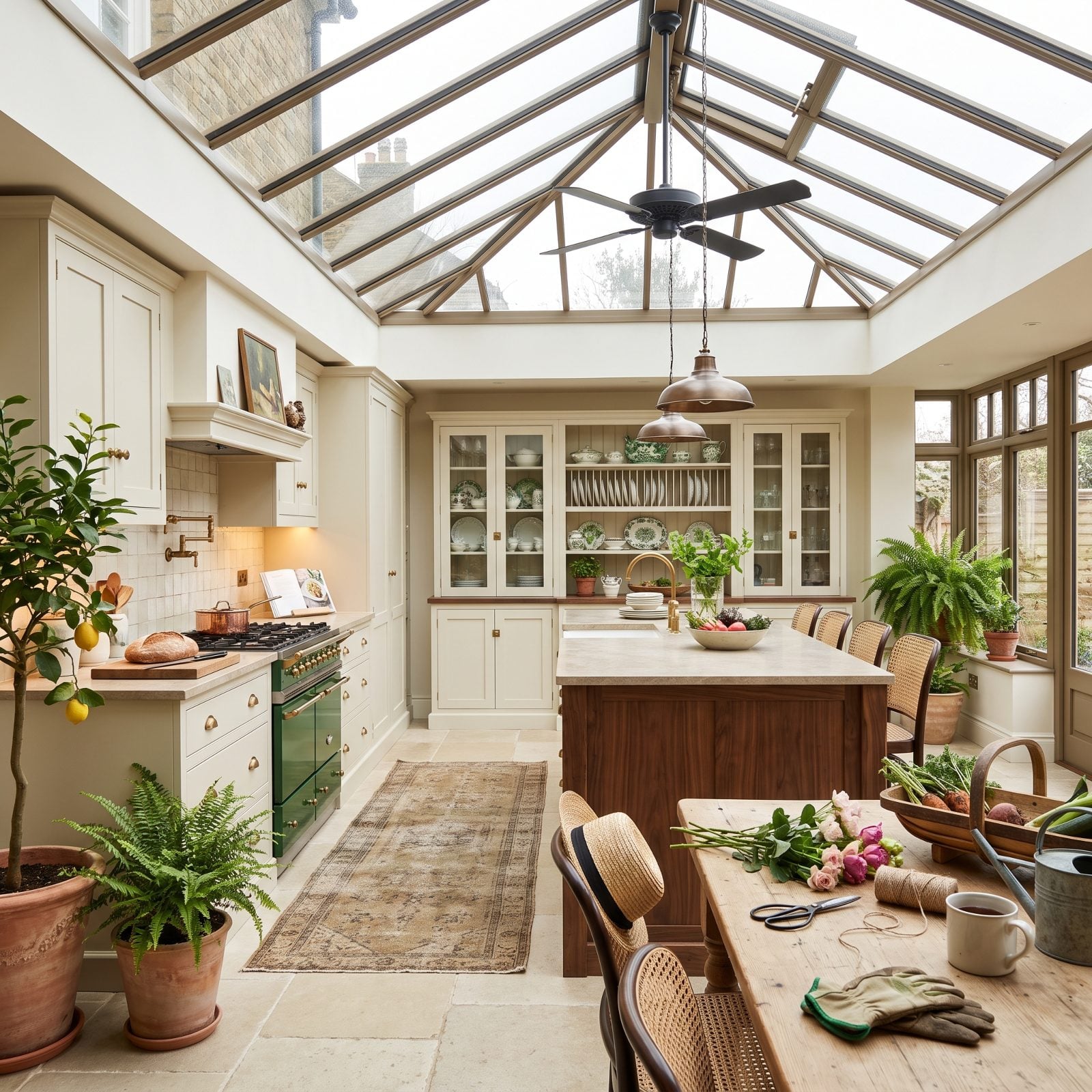 Cream Cabinets in a Glass Conservatory Kitchen