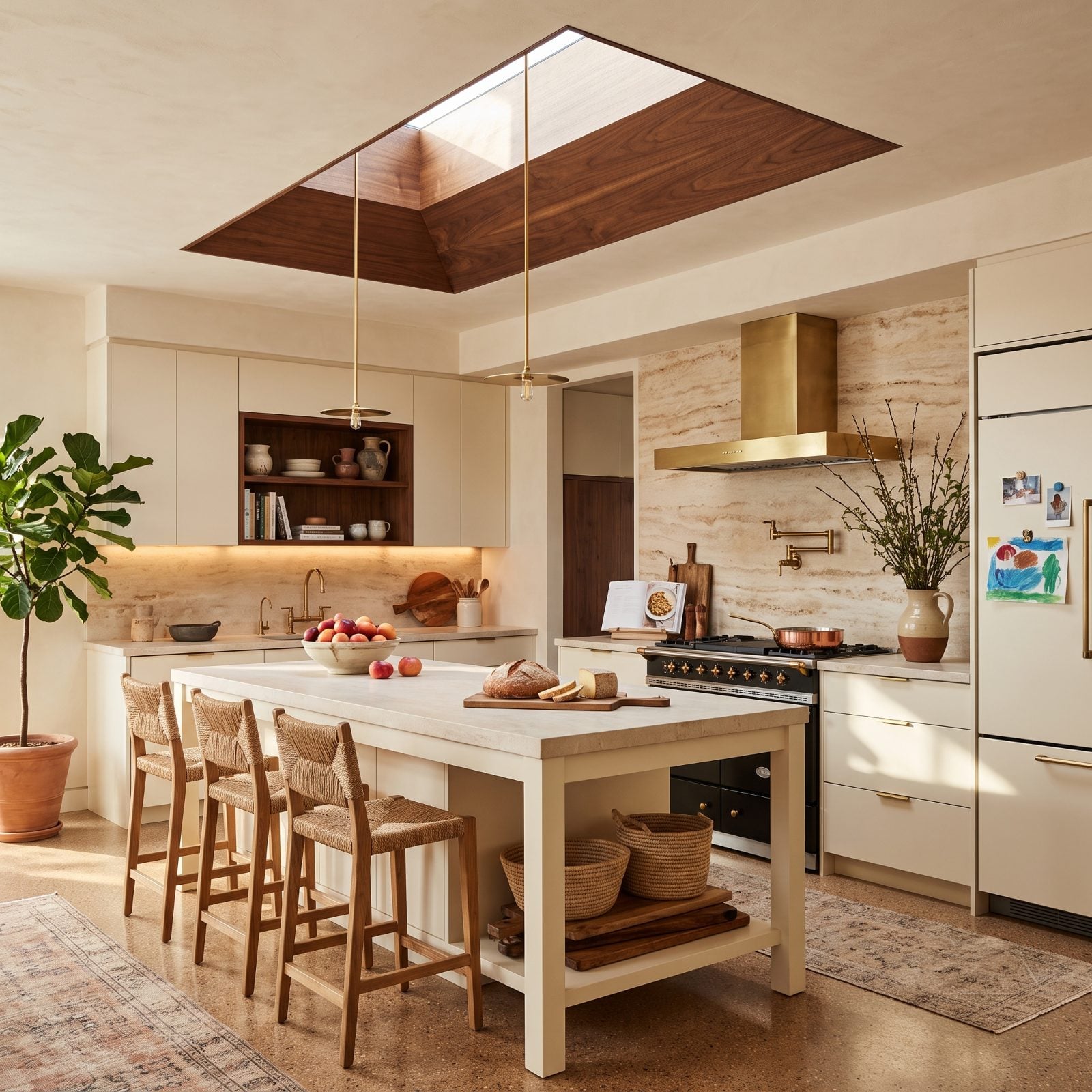 Cream Cabinets Under a Walnut-Framed Skylight Well