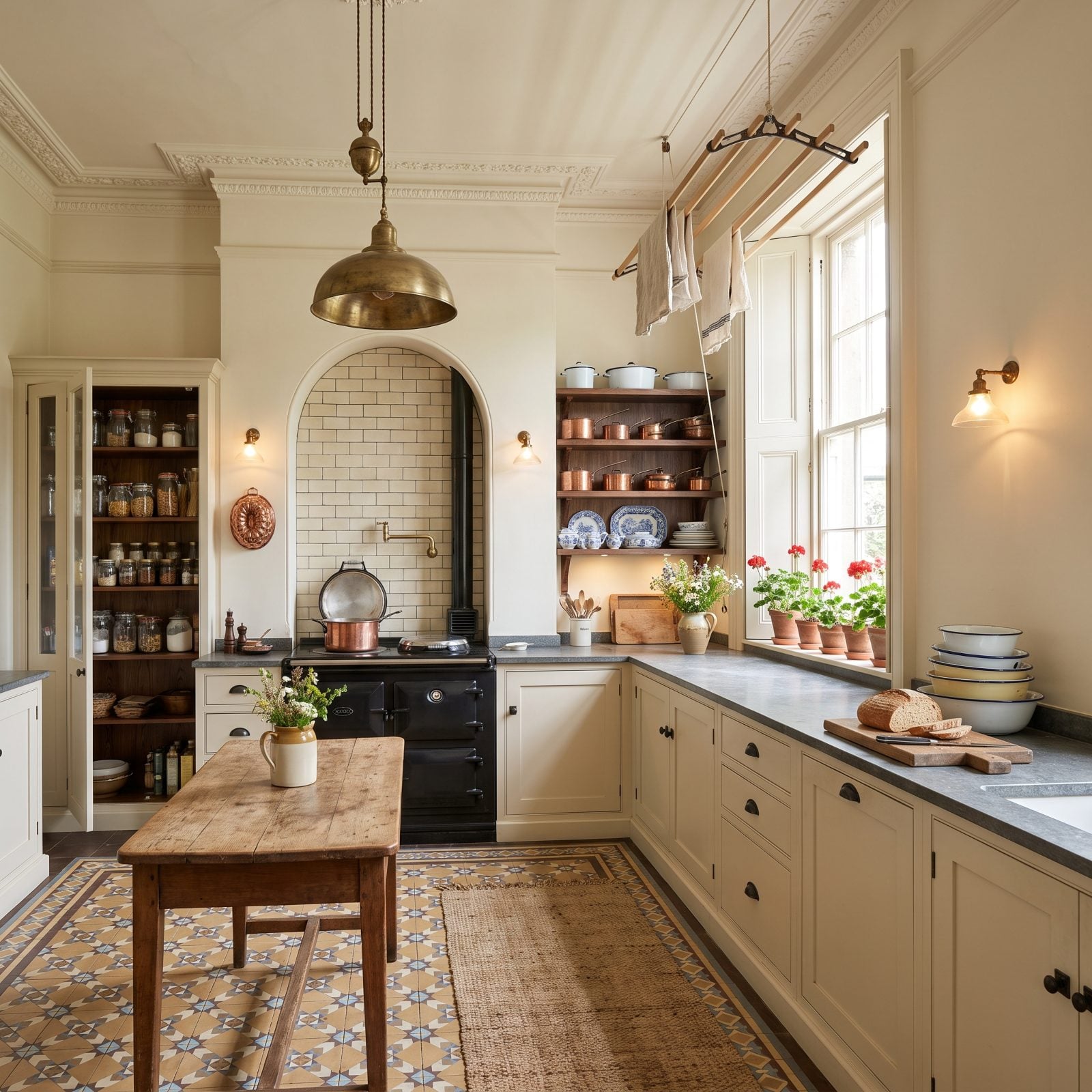Cream Cabinets, Walnut Beams and an Encaustic Floor