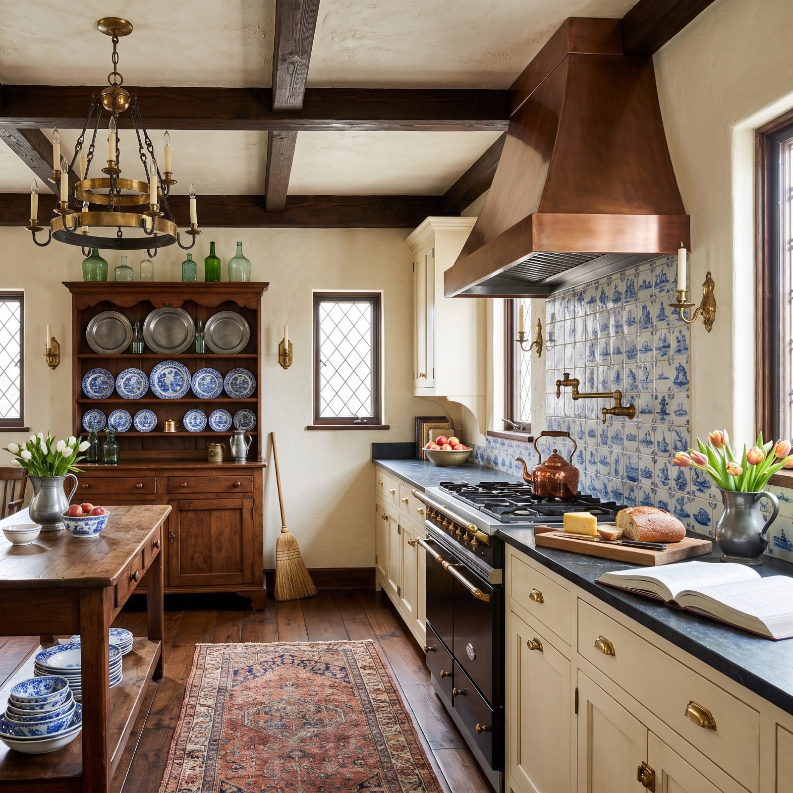 Cream Cabinets With a Walnut Dresser and Delft Tile