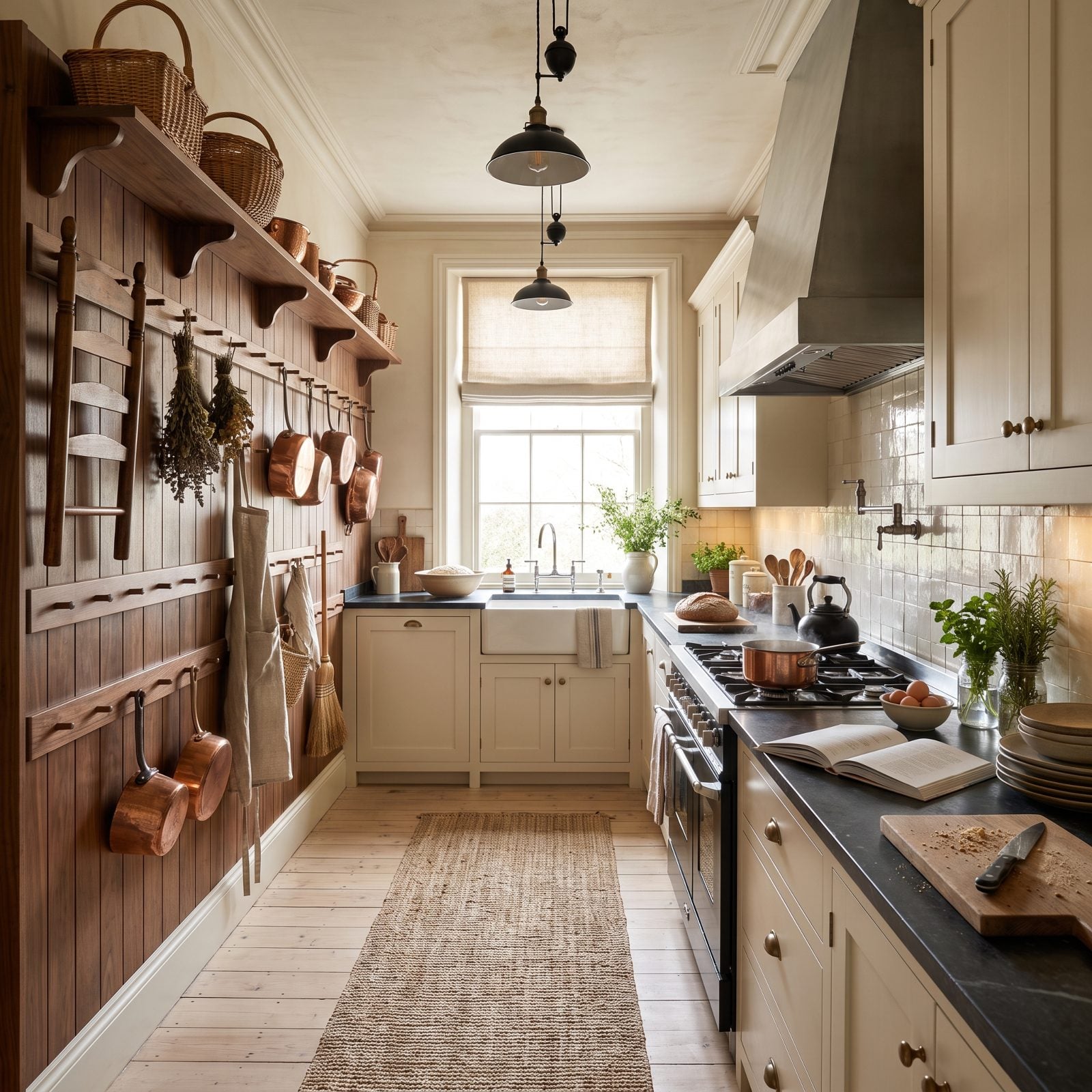 Cream Cabinets With a Walnut Peg-Rail Display Wall