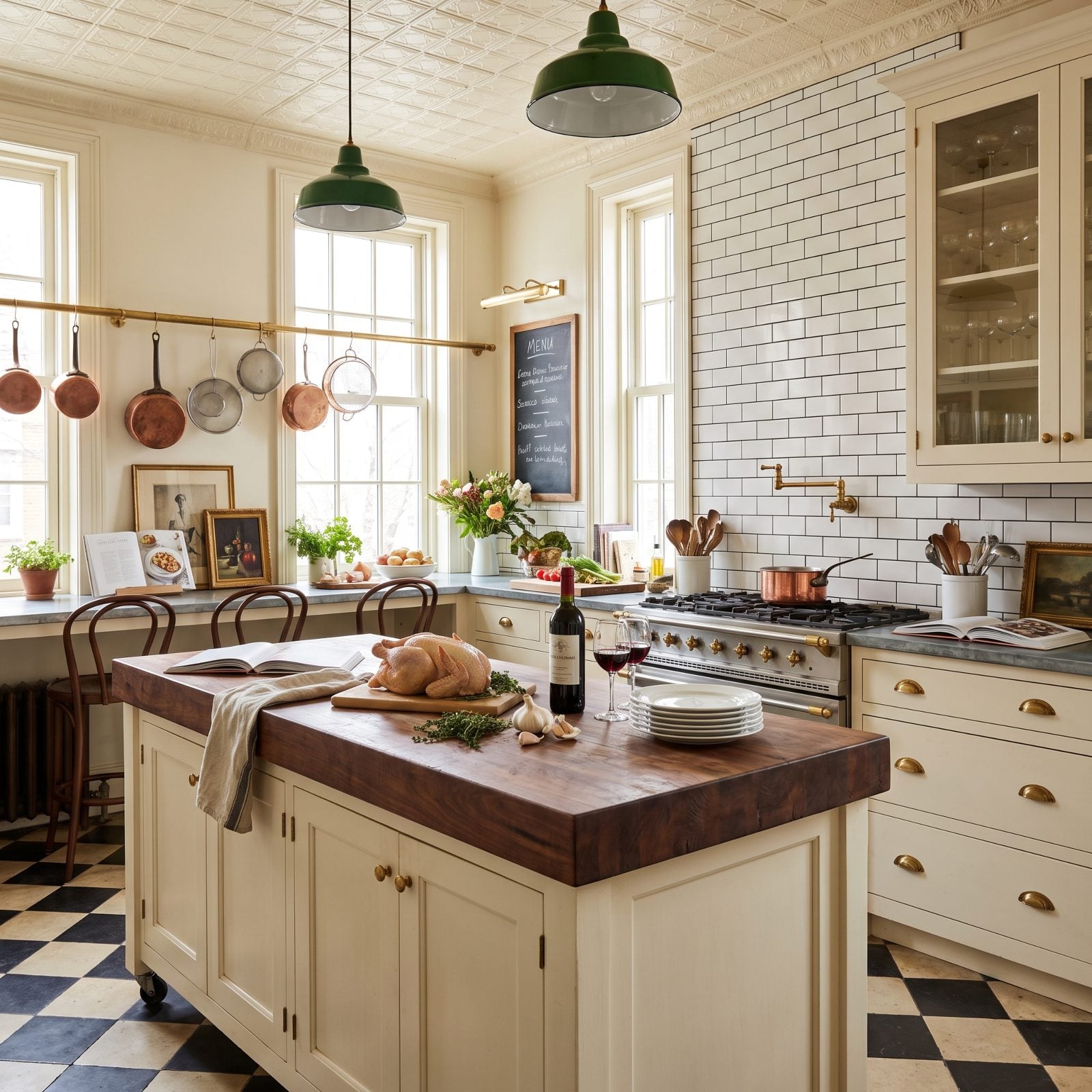 Cream Cabinets, Zinc Counters and a Walnut Butcher Block