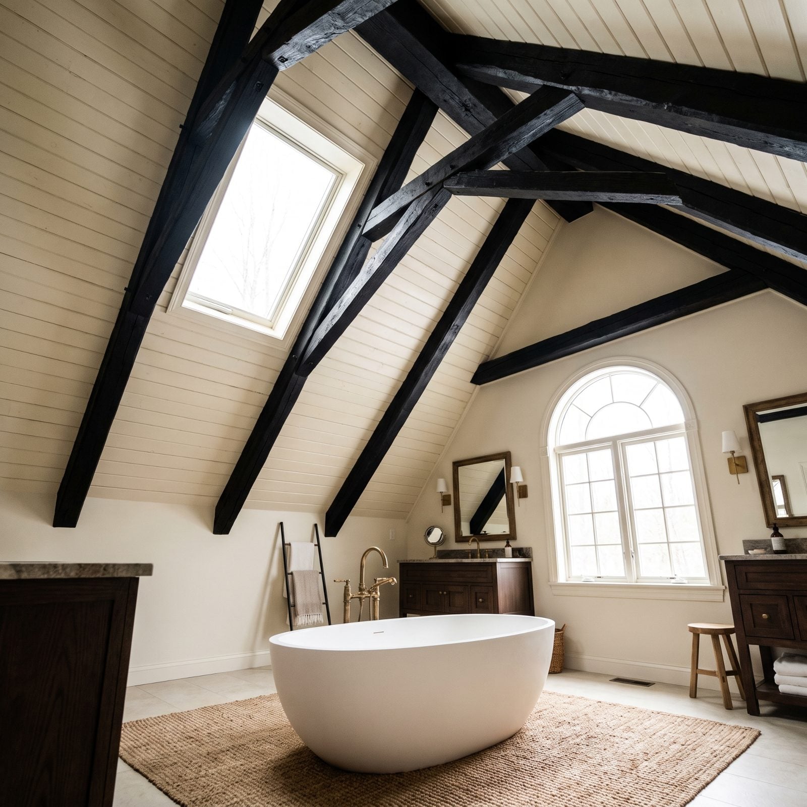 Cream Cathedral-Ceiling Bathroom With Black Beams
