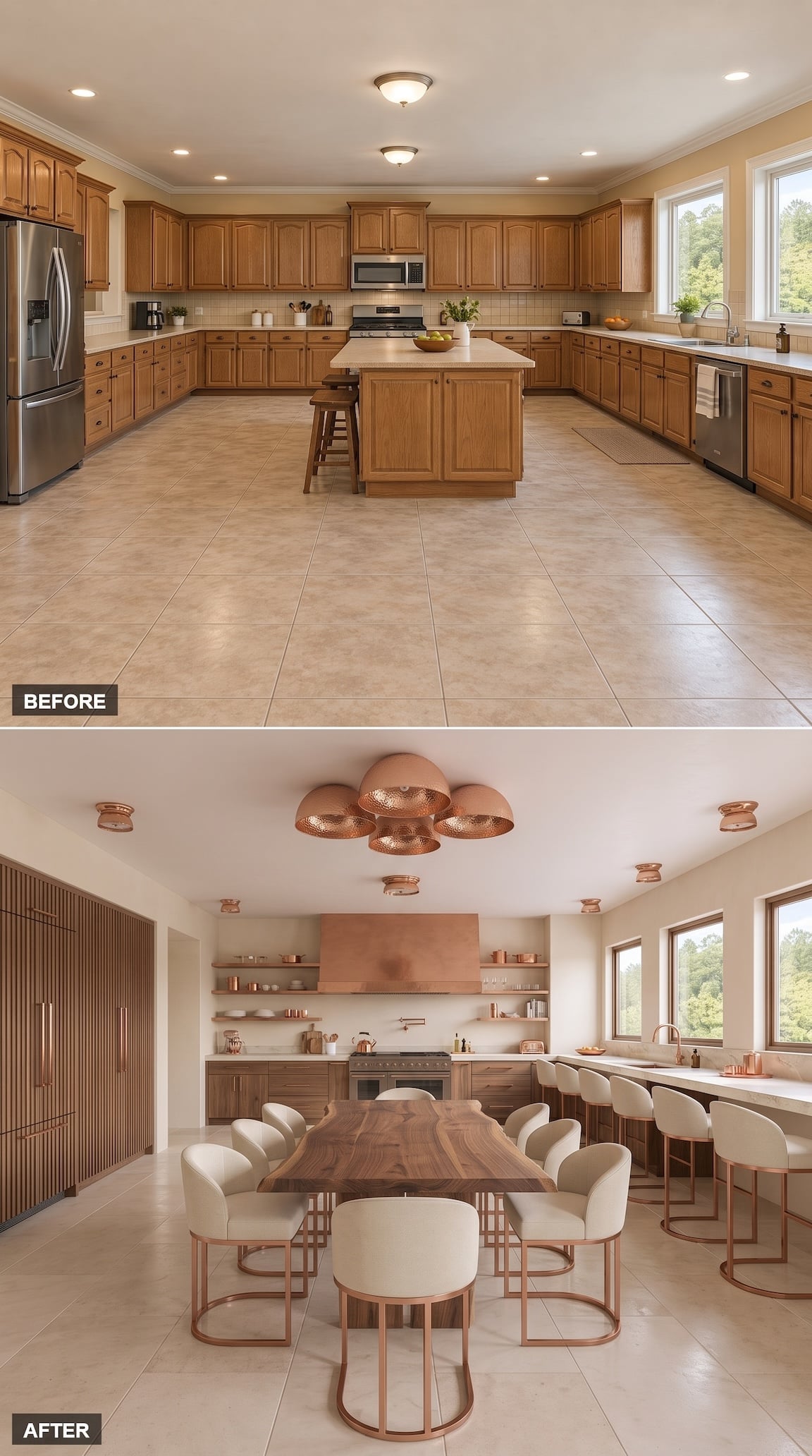 kitchen designed with cream and copper color scheme