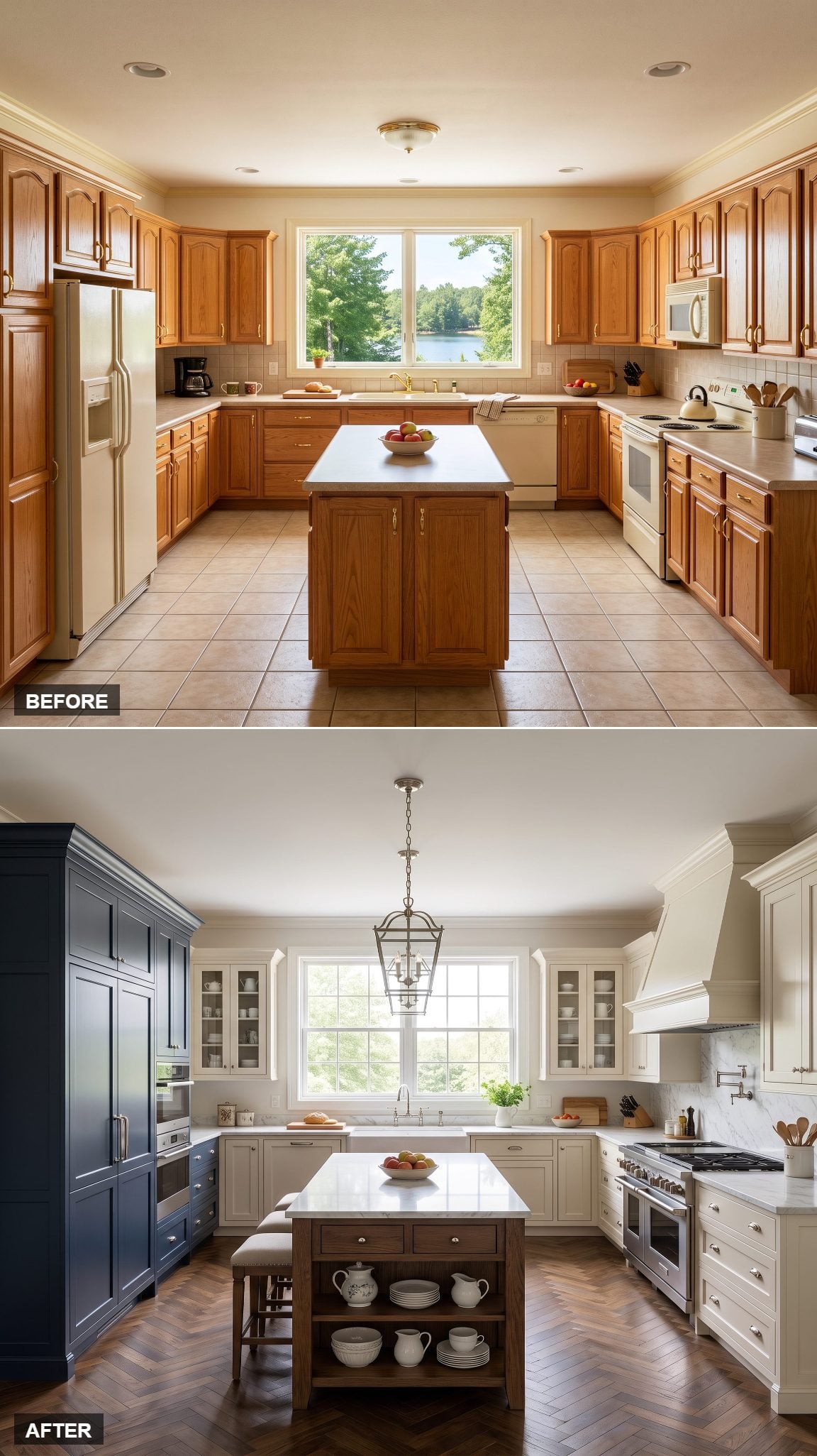 English country-inspired kitchen with deep navy shaker cabinetry and warm cream finishes