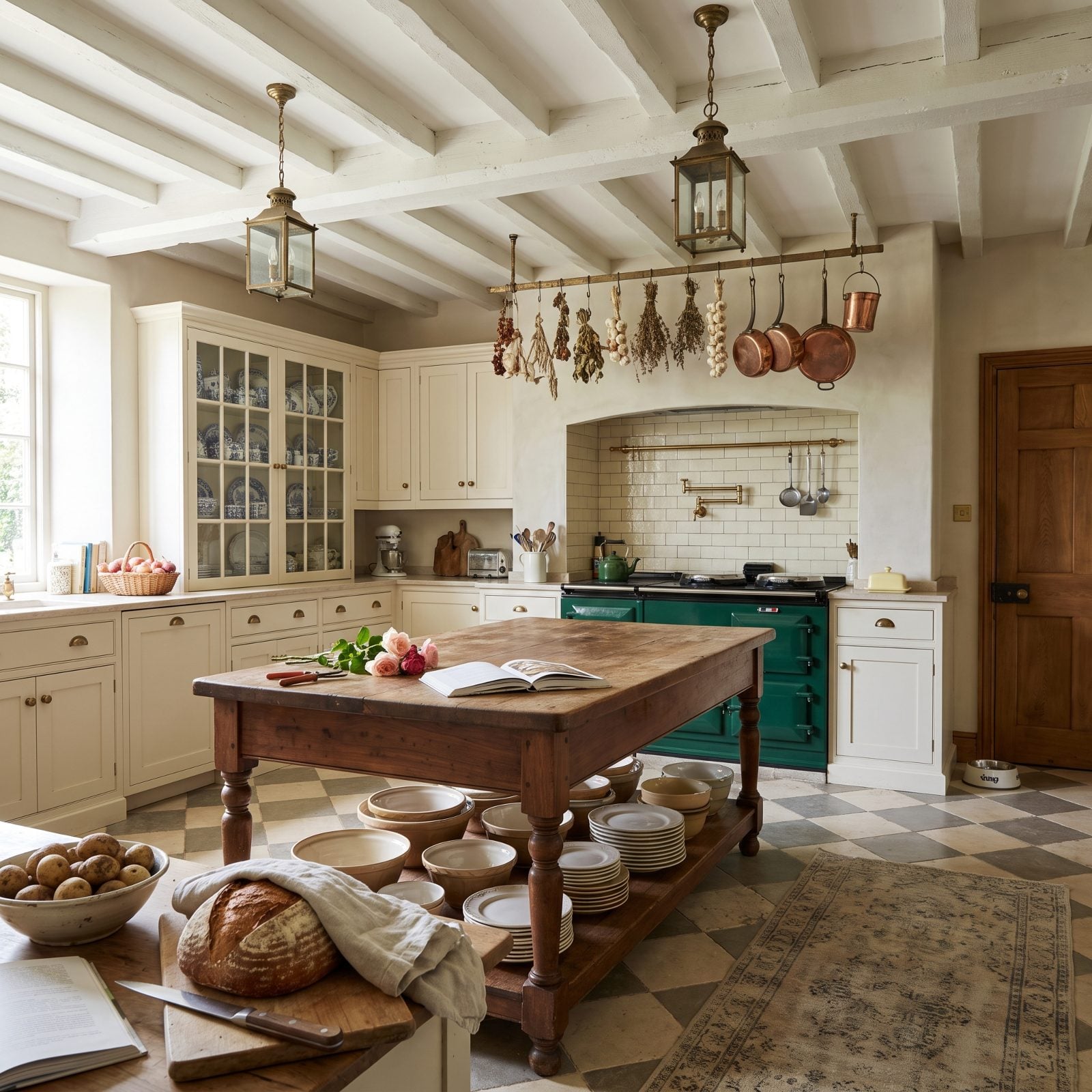 Cream English Cabinetry Around a Walnut Worktable