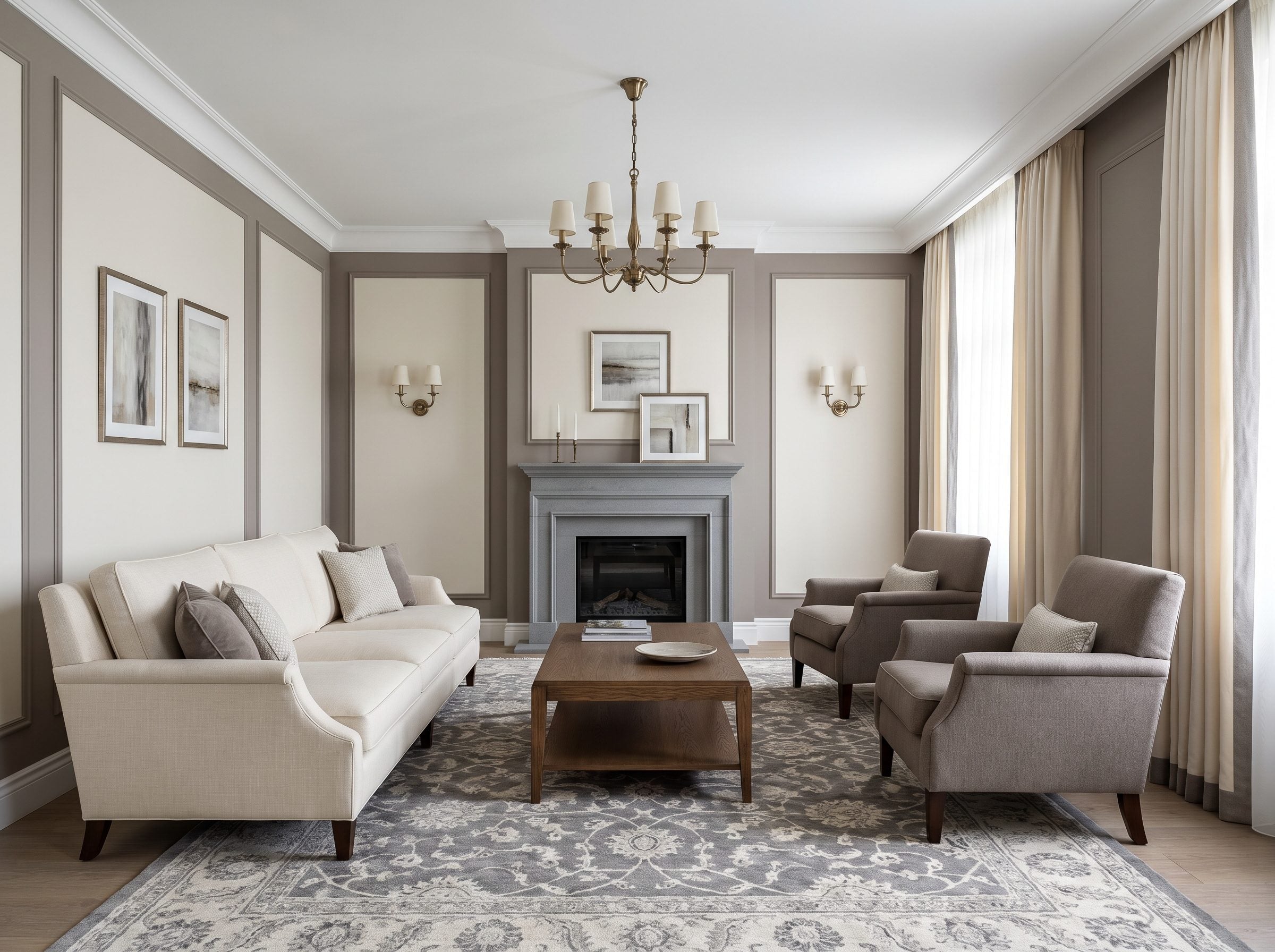 Transitional living room with mushroom-gray walls and creamy off-white trim, a cream sofa on a gray-and-cream rug, two