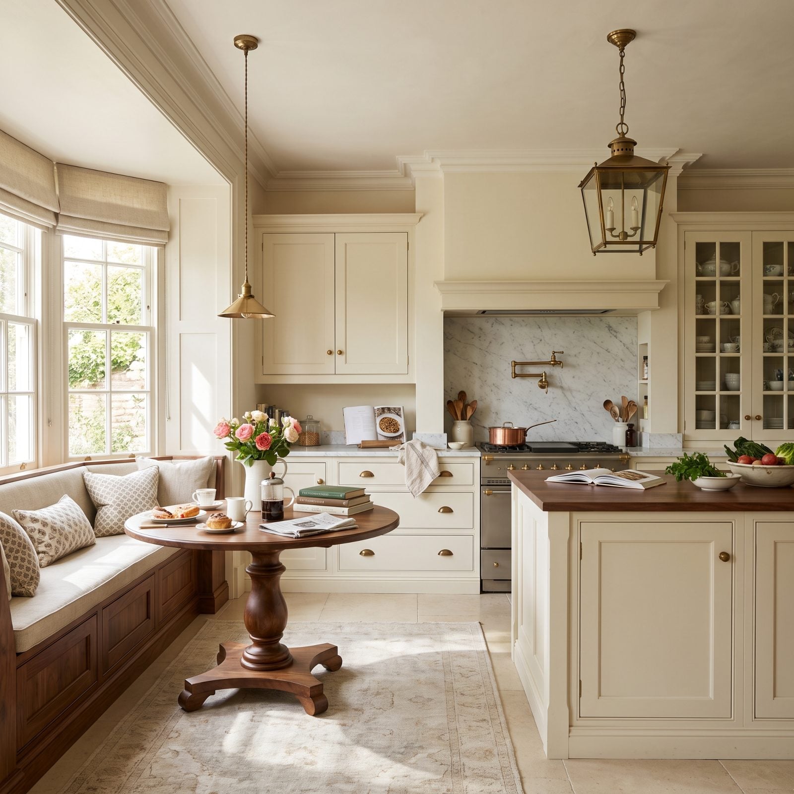 Cream Kitchen With a Walnut Window-Seat Nook