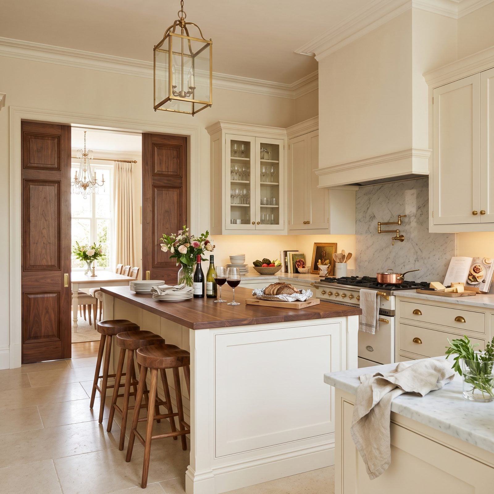Cream Kitchen With Walnut Pocket Doors to the Dining Room