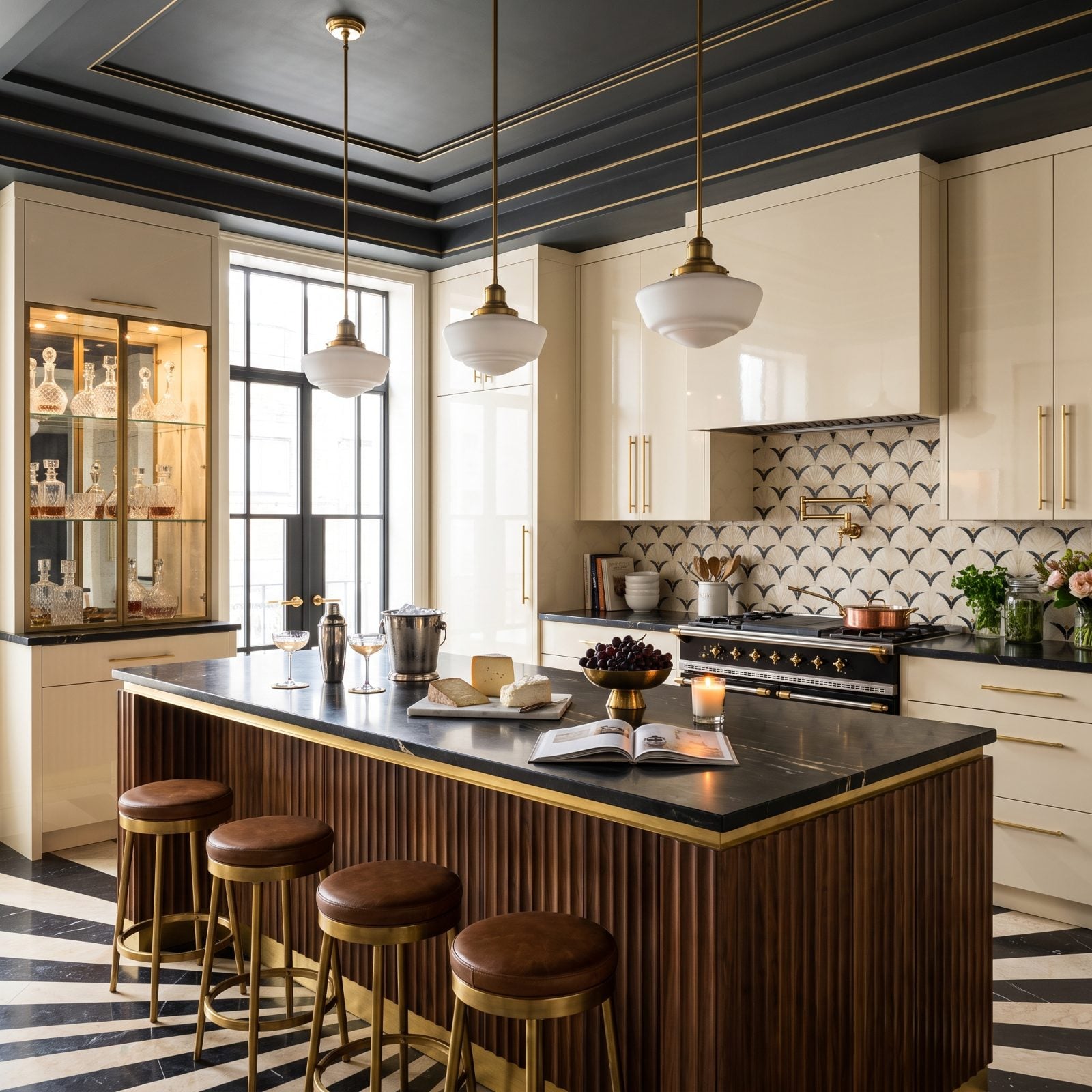 Cream Lacquer and Fluted Walnut Under a Deco Ceiling