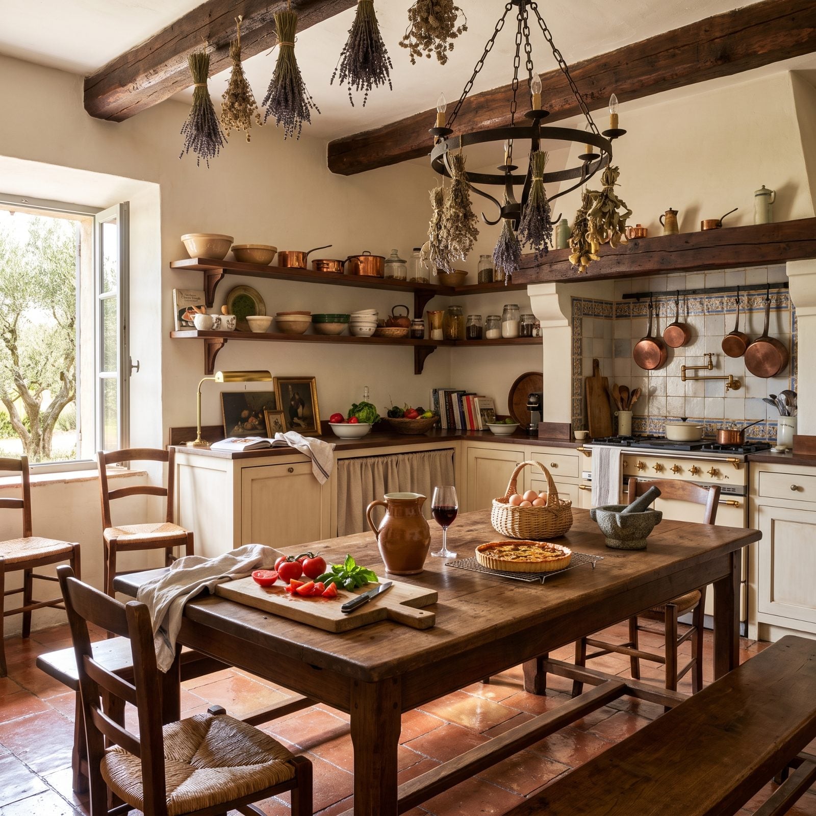 Cream Limewash With Walnut Shelves and Terracotta Floors