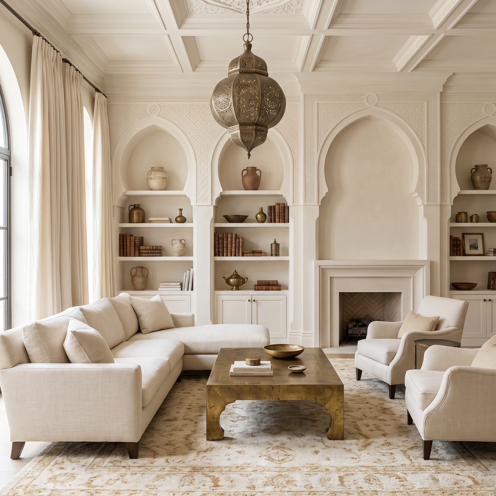 Cream Living Room with Refined Moorish Arch Details