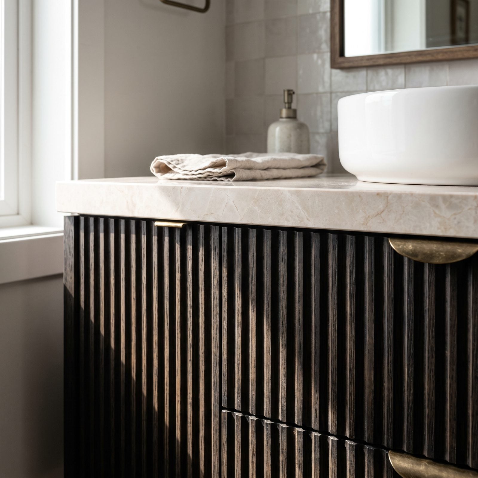Cream Marble Vanity With Black Reeded Cabinetry