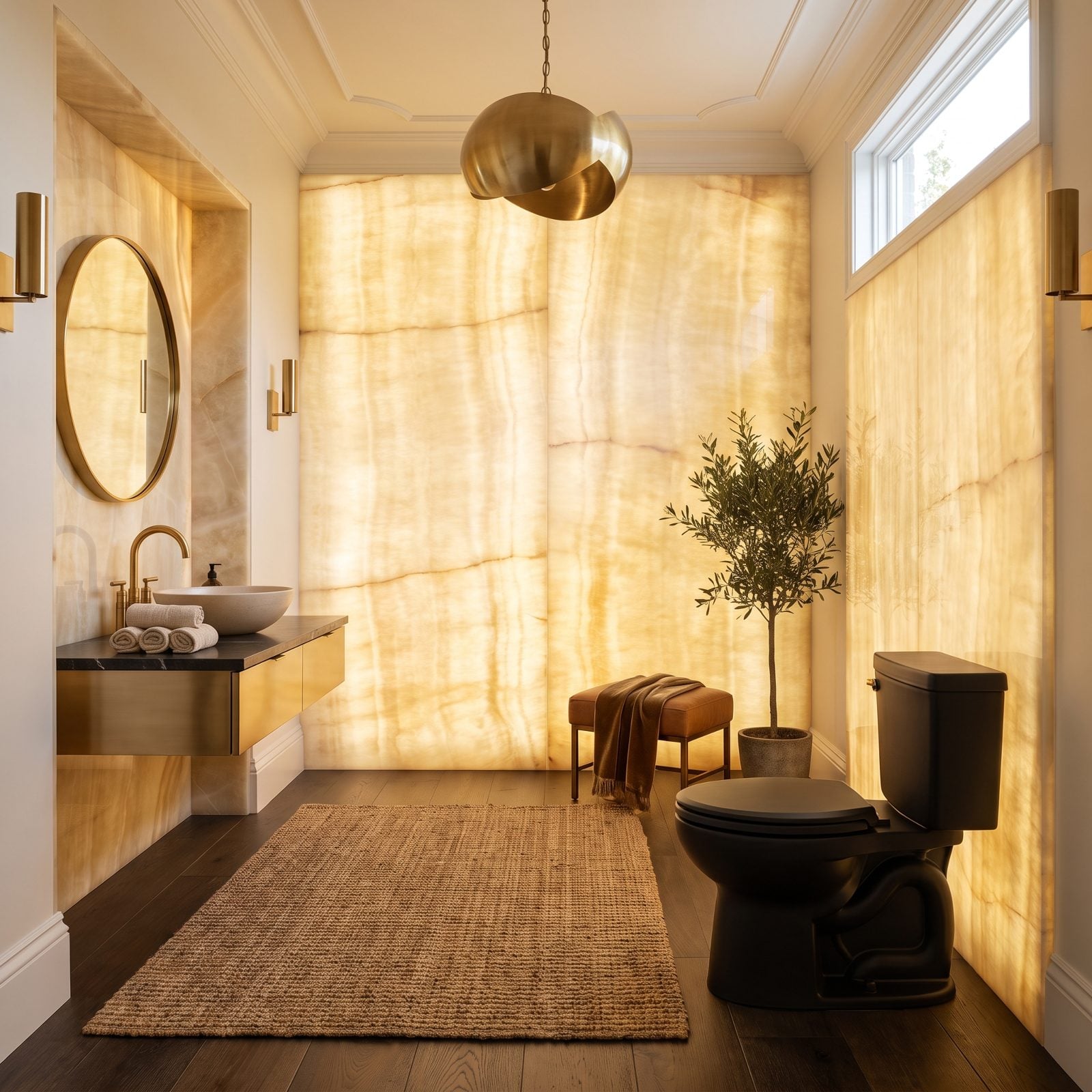 Cream Onyx Powder Room With a Black Toilet