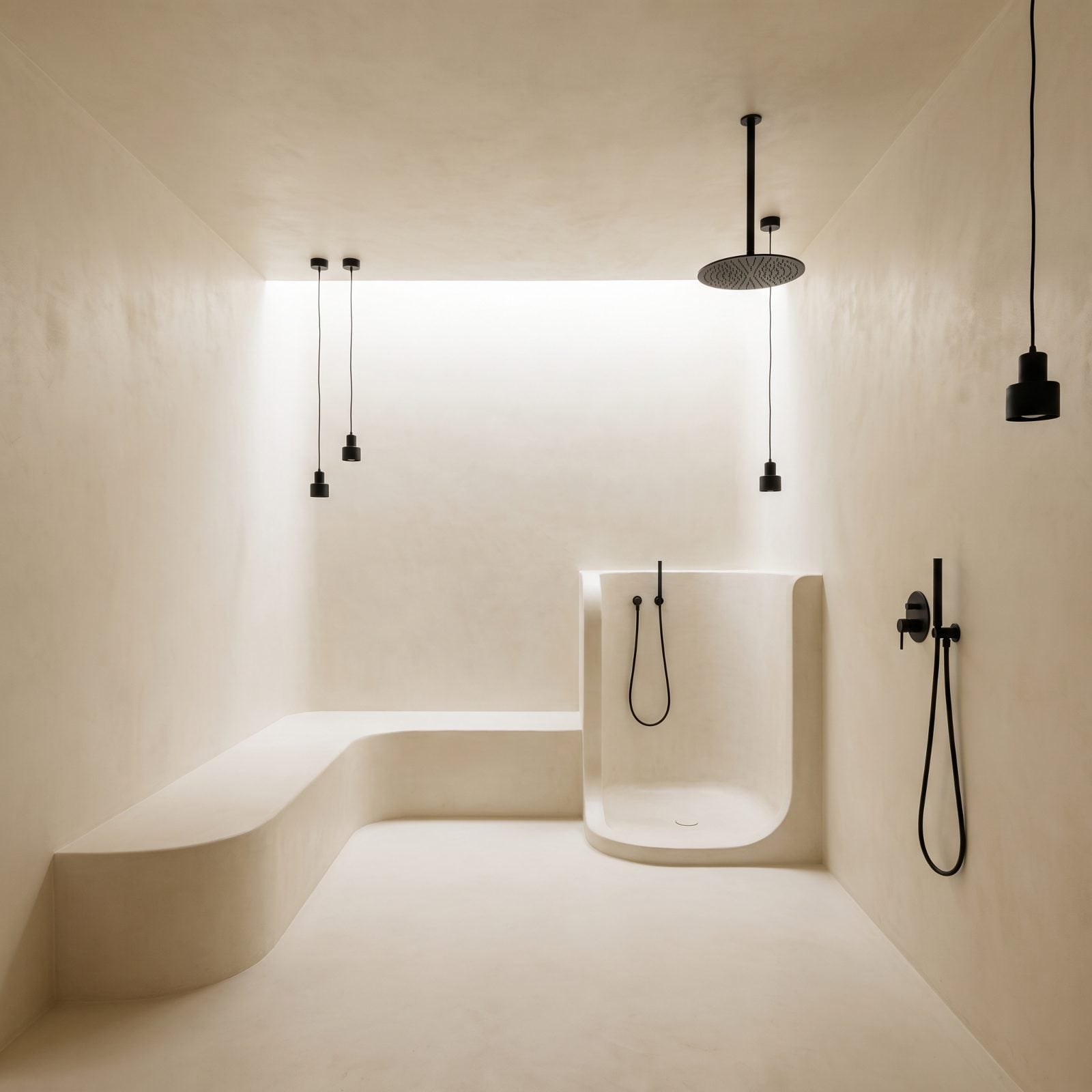 Cream Plaster Wet Room With Black Ceiling Fixtures