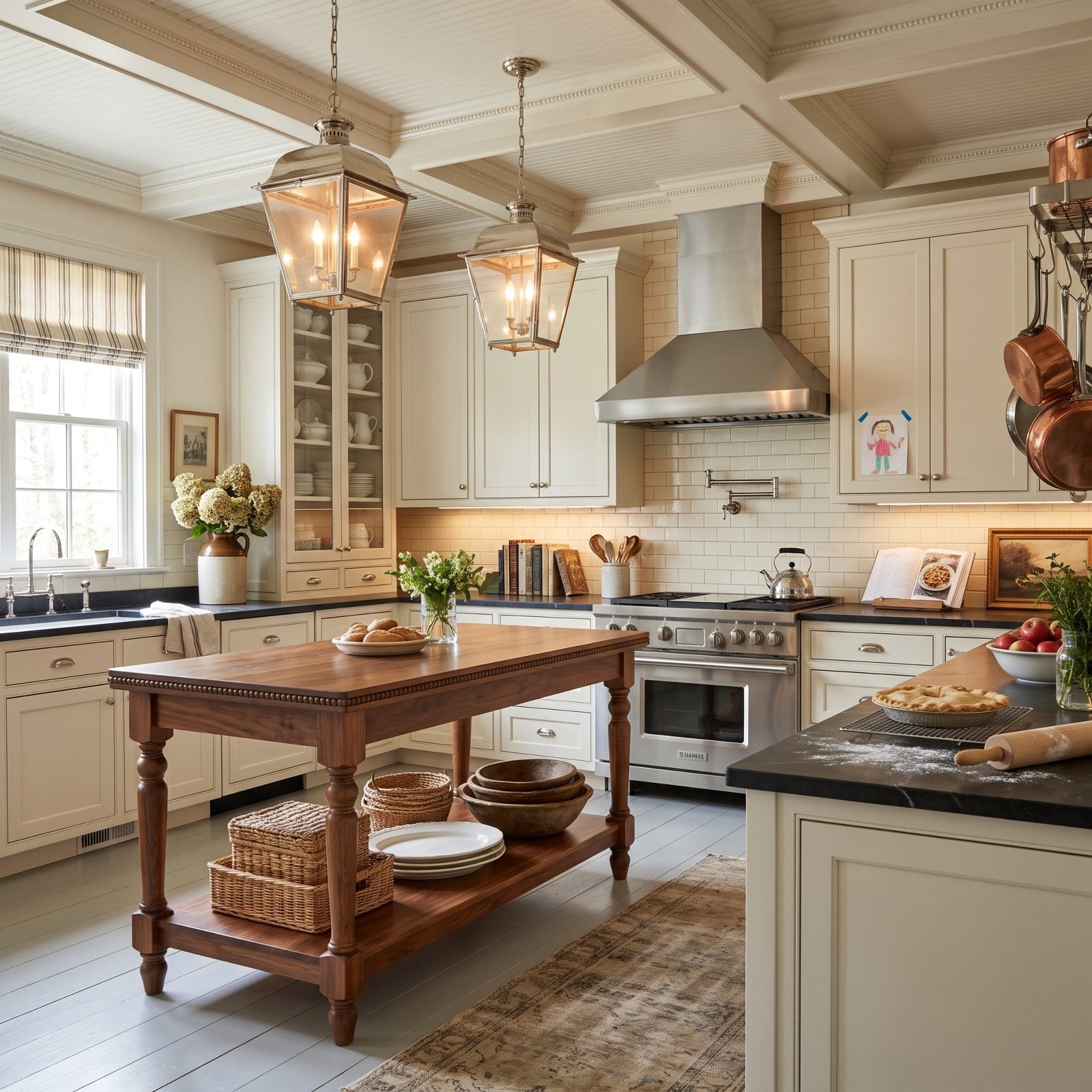 Cream Raised-Panel Cabinets With a Turned-Leg Walnut Island