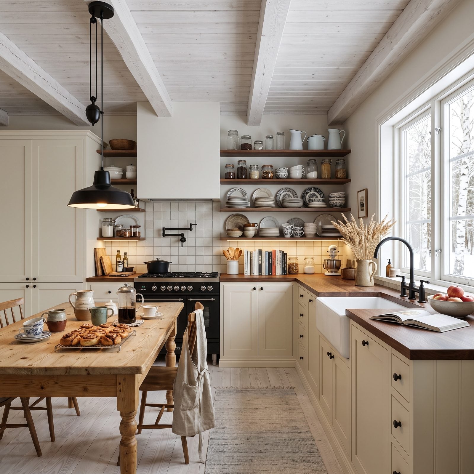 Cream Shaker and Walnut Shelves in Scandinavian Light