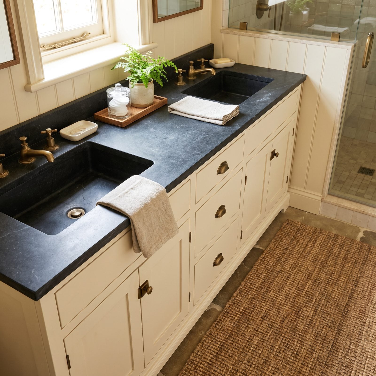 Cream Shaker Vanity With Black Soapstone Sinks