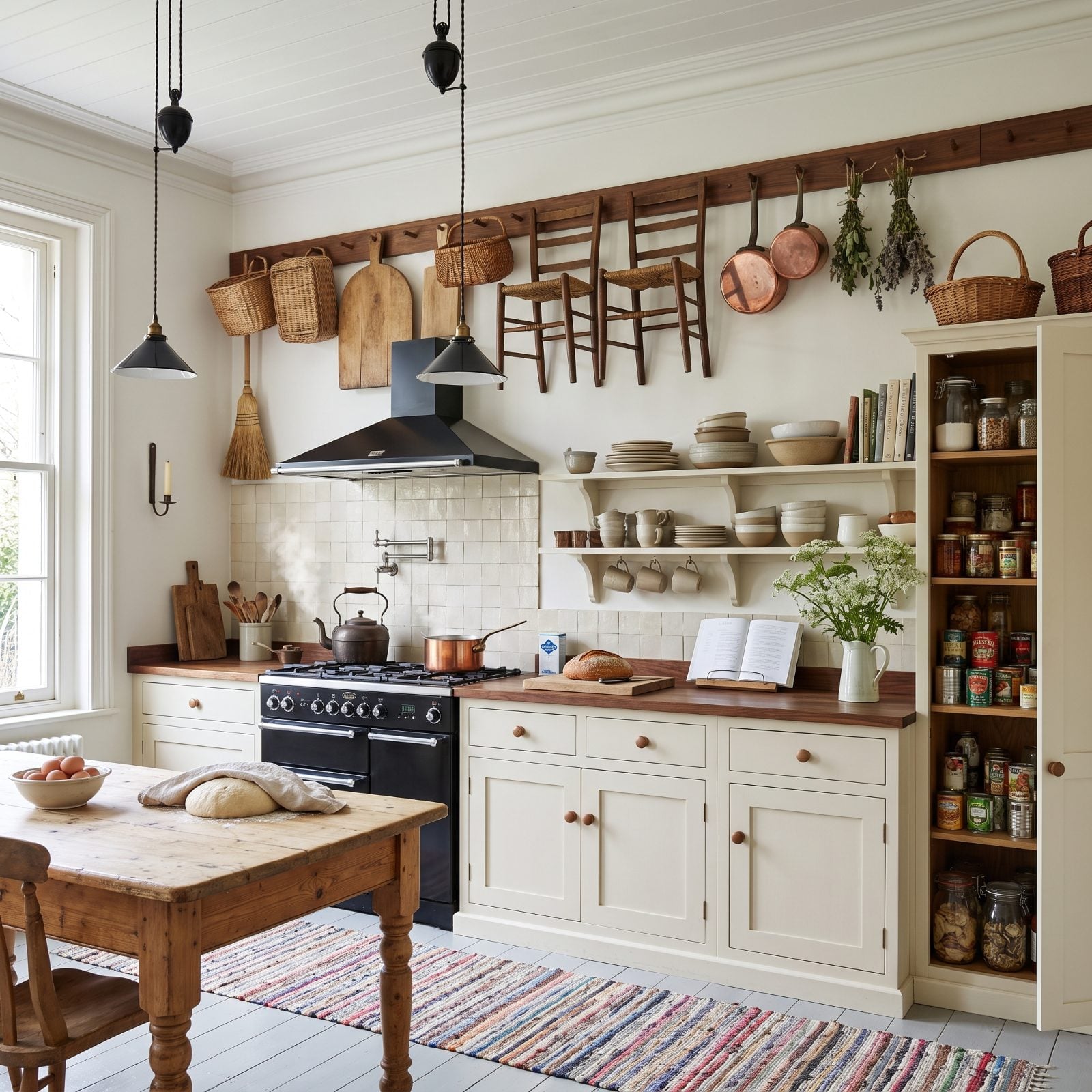 Cream Shaker With Walnut Counters and an Open Pantry