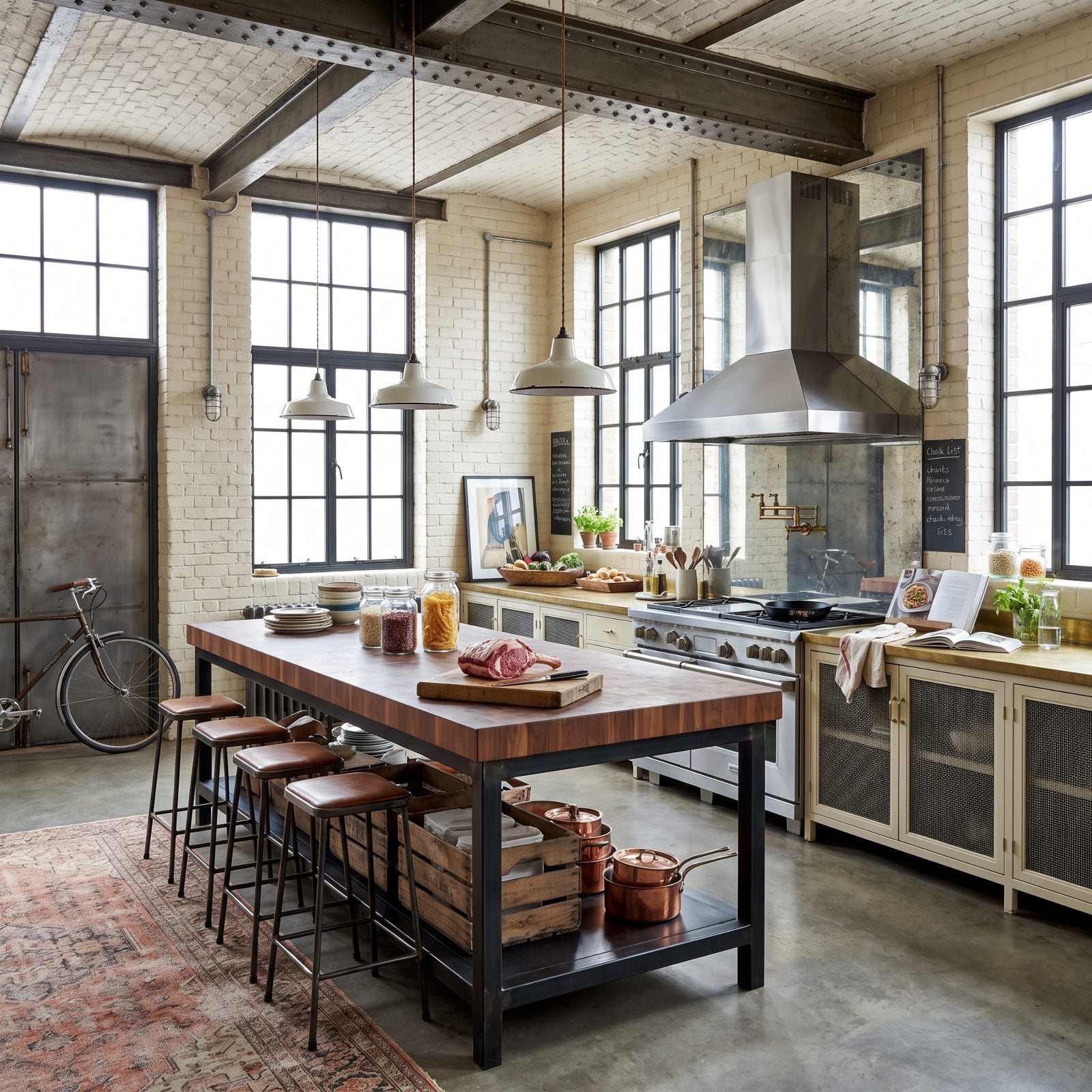 Cream Steel-Frame Cabinets and a Walnut Butcher Island