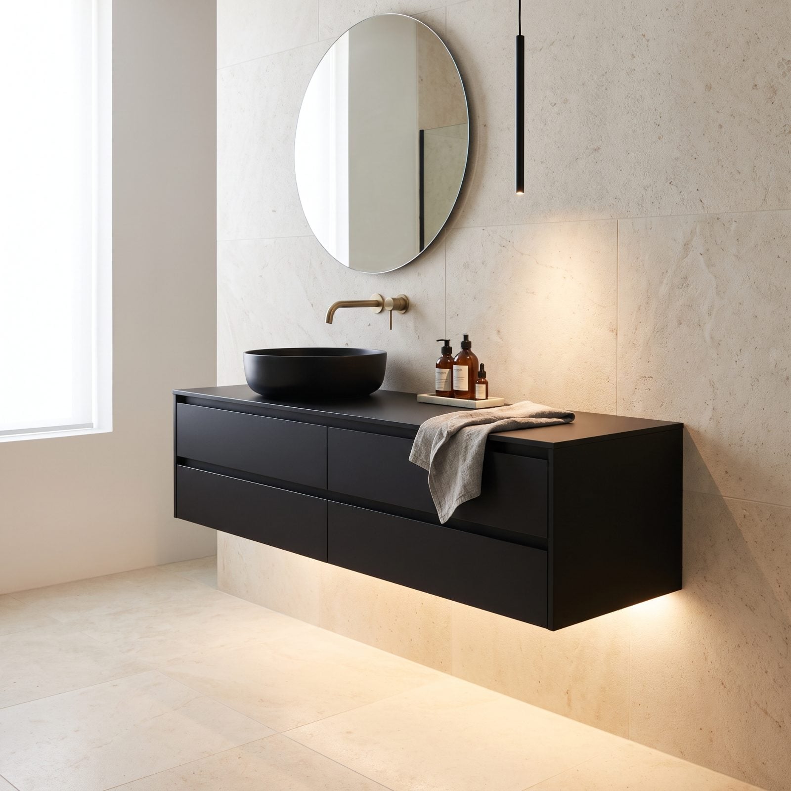 Cream Stone Bathroom With a Black Floating Vanity