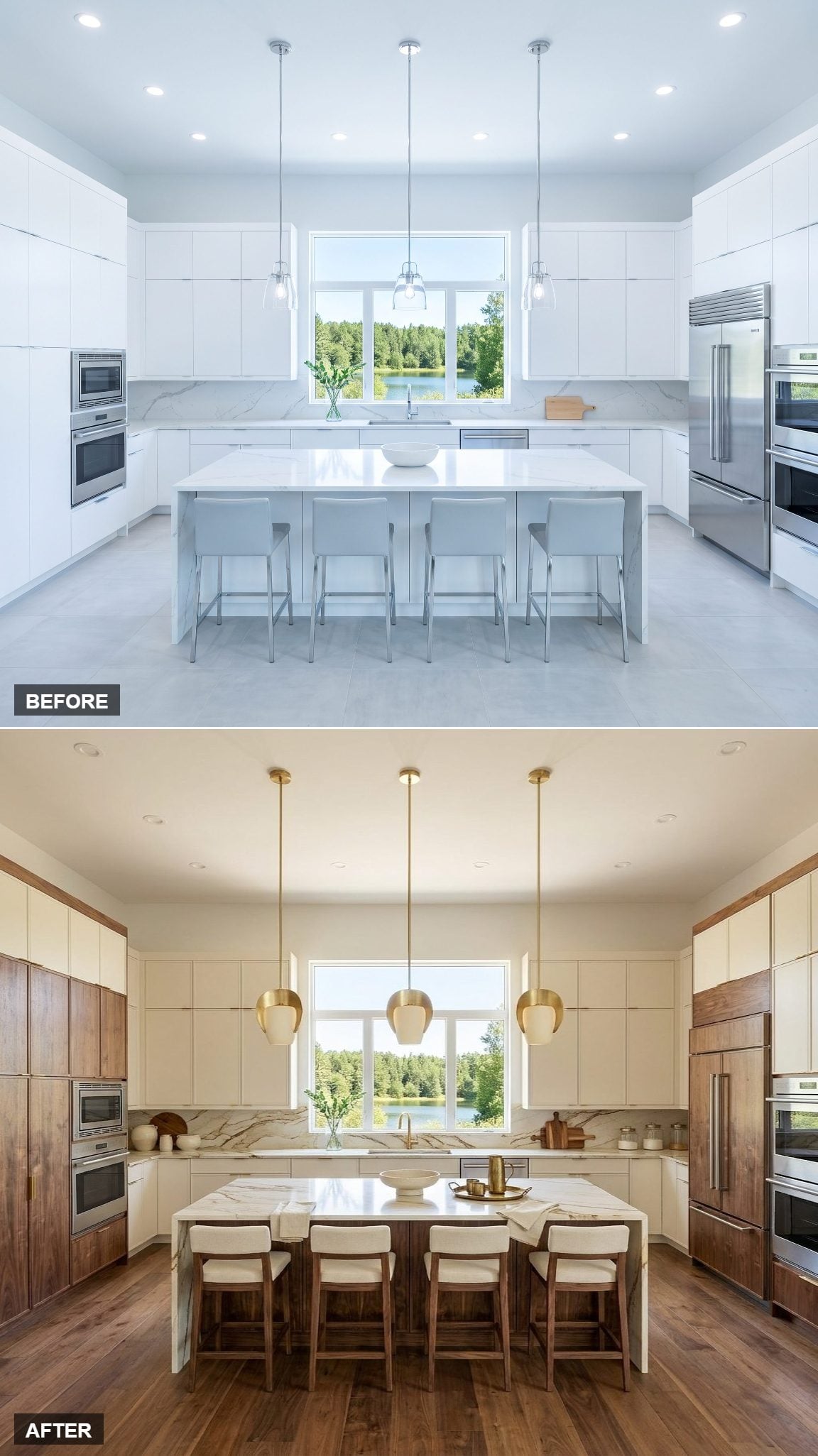 Cream Stone with Walnut-Toned Mineral Movement Across Every Counter and the Backsplash