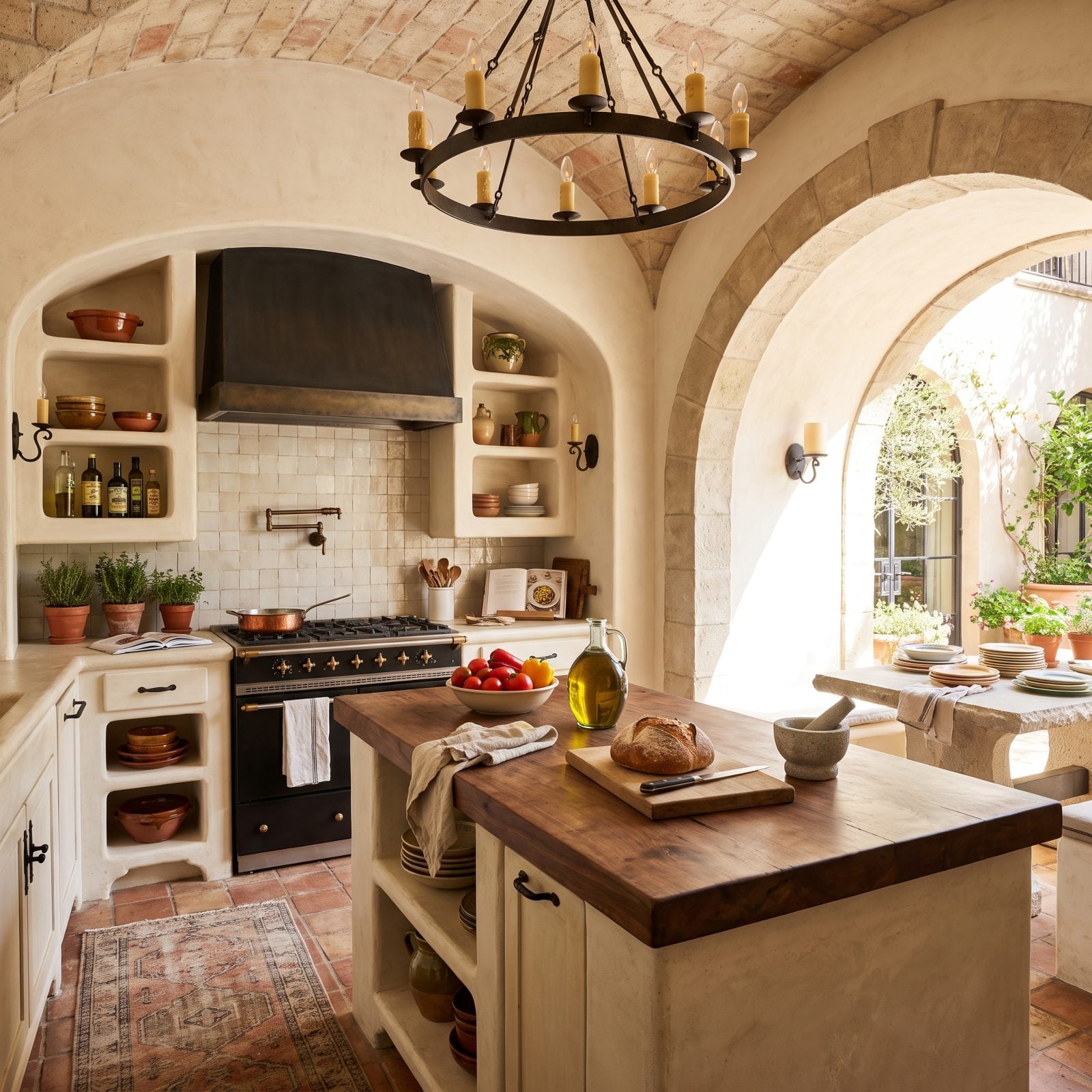 Cream Stucco Arches Over a Walnut Prep Counter