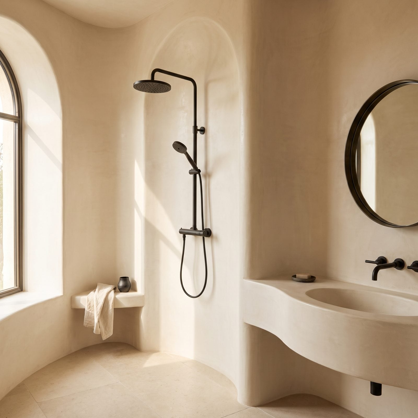 Cream Tadelakt Bathroom With Blackened-Brass Hardware
